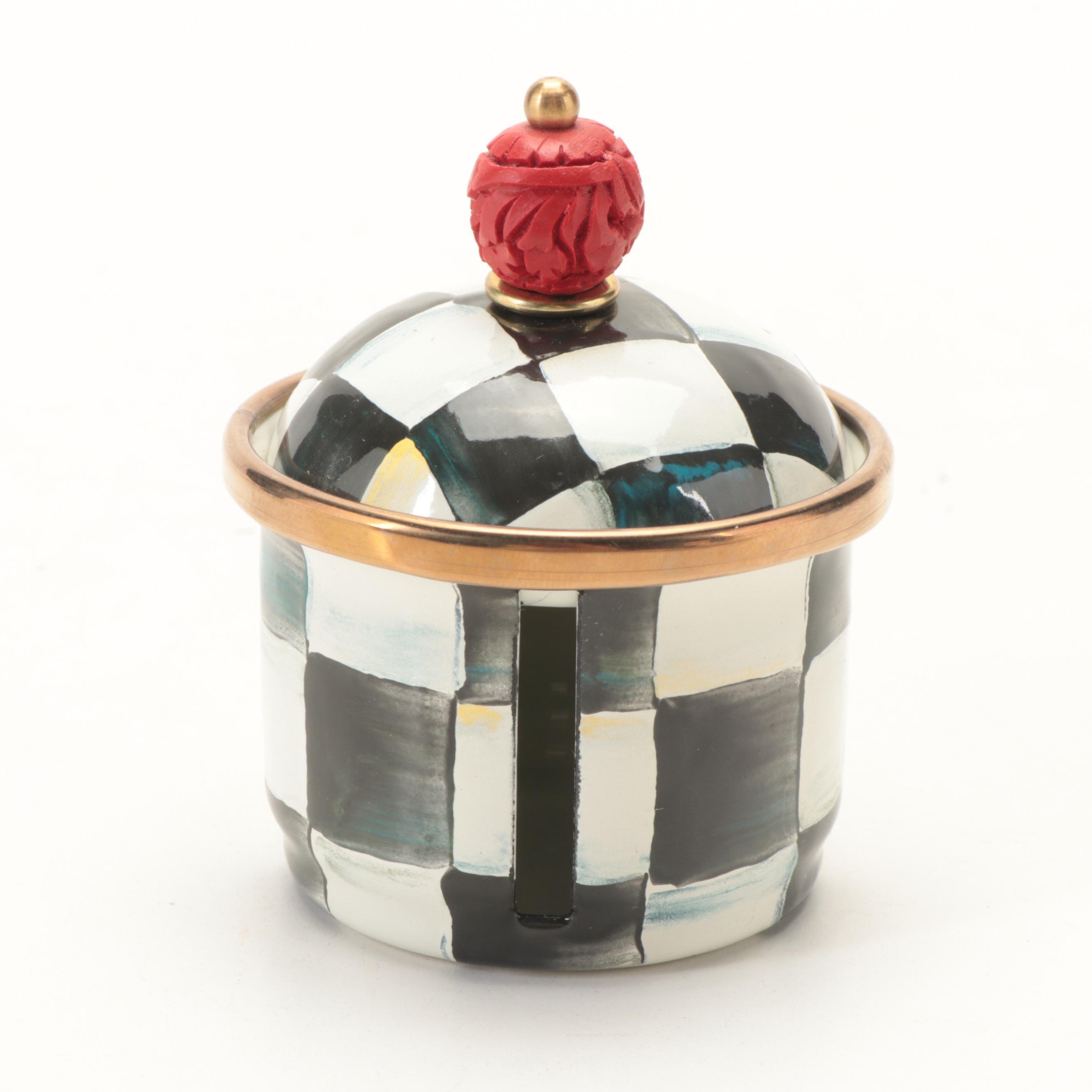 MacKenzie-Childs "Lemon Curd" Enameled Plate and "Courtly Check" Stamp Dispenser