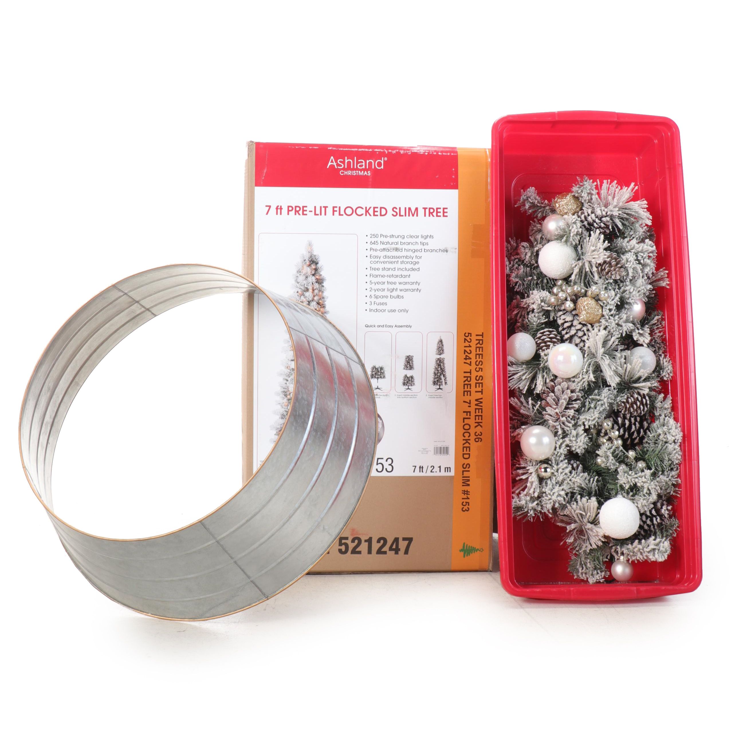 Ashland 7' Pre-Lit Flocked Slim Tree with Ornament Collection