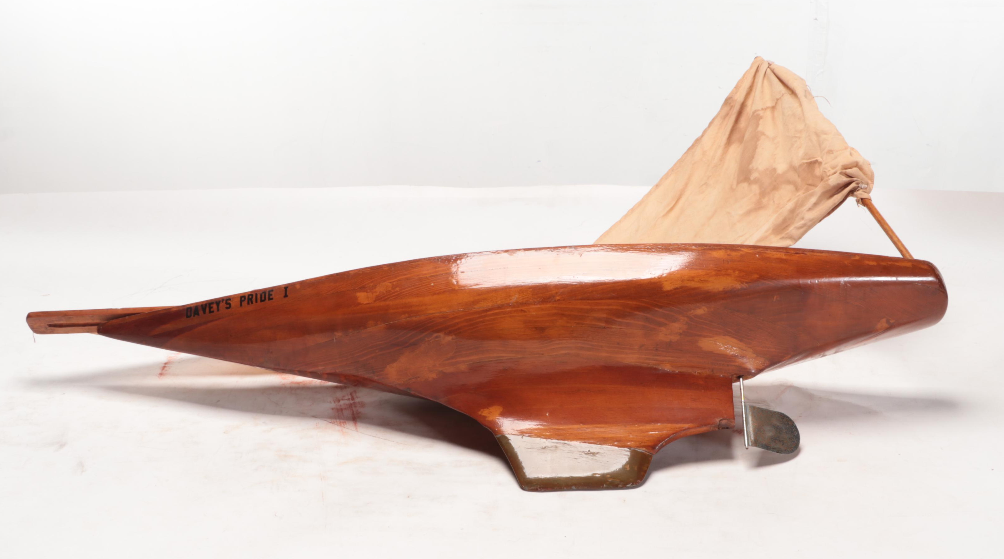 Handcrafted Wooden Model Sailboat, Mid to Late 20th Century