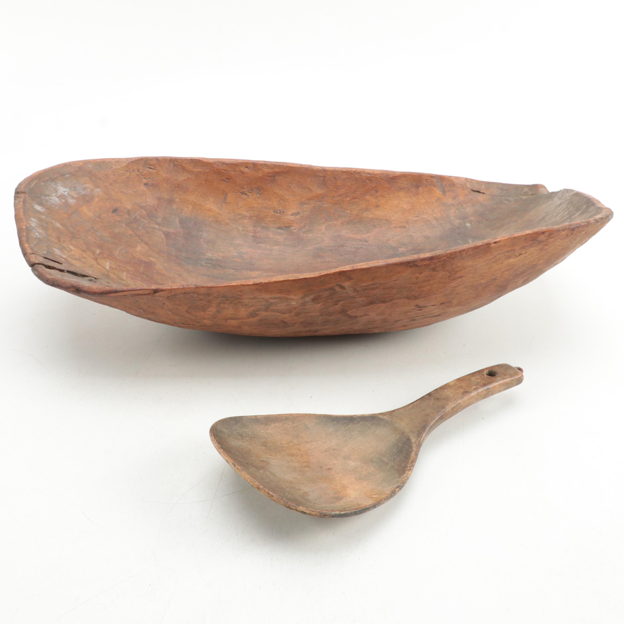 Primitive Wooden Dough Bowl and Paddle