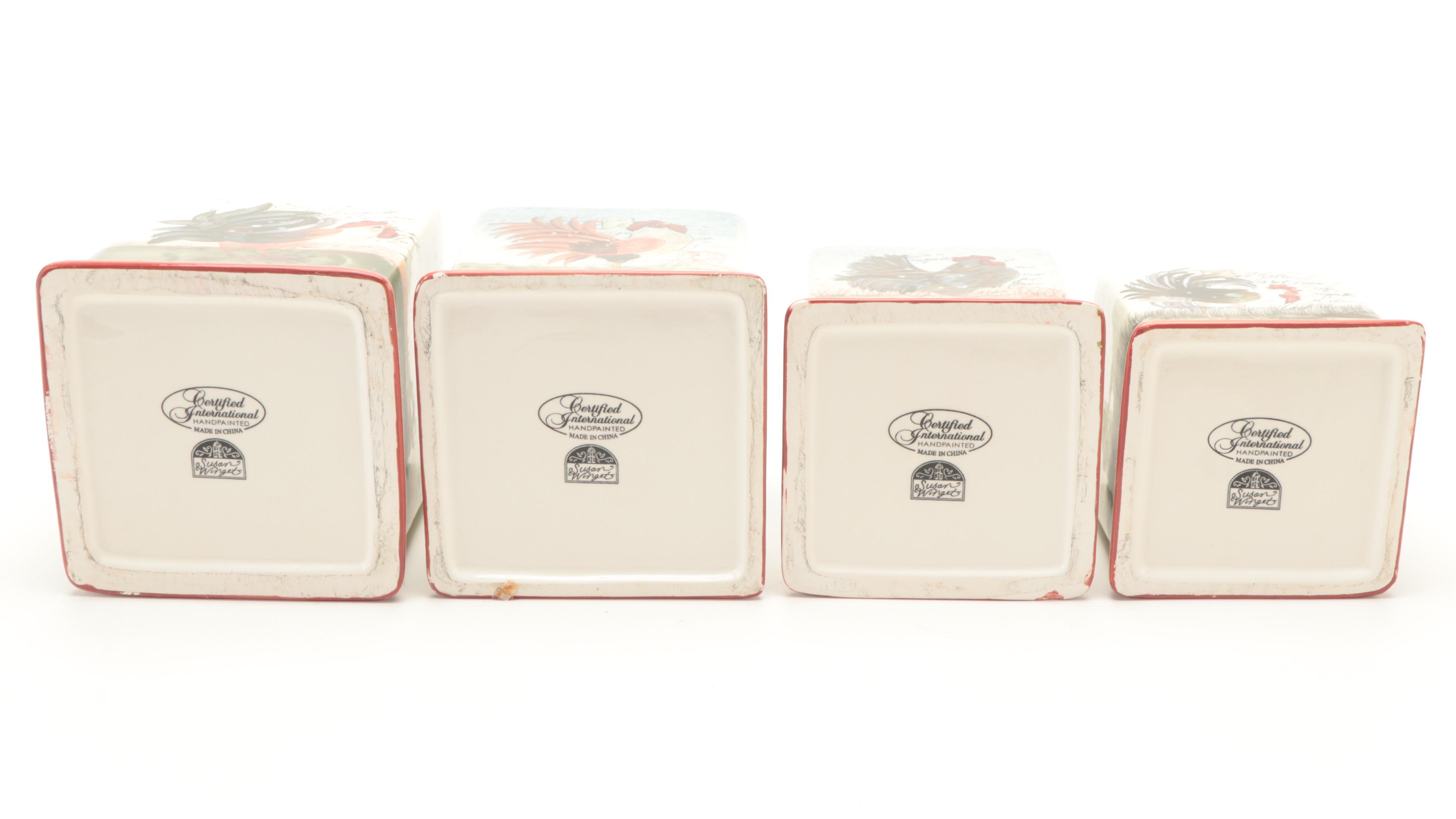 Susan Winget Hand-Painted Canisters with Other Ceramic Rooster Tableware