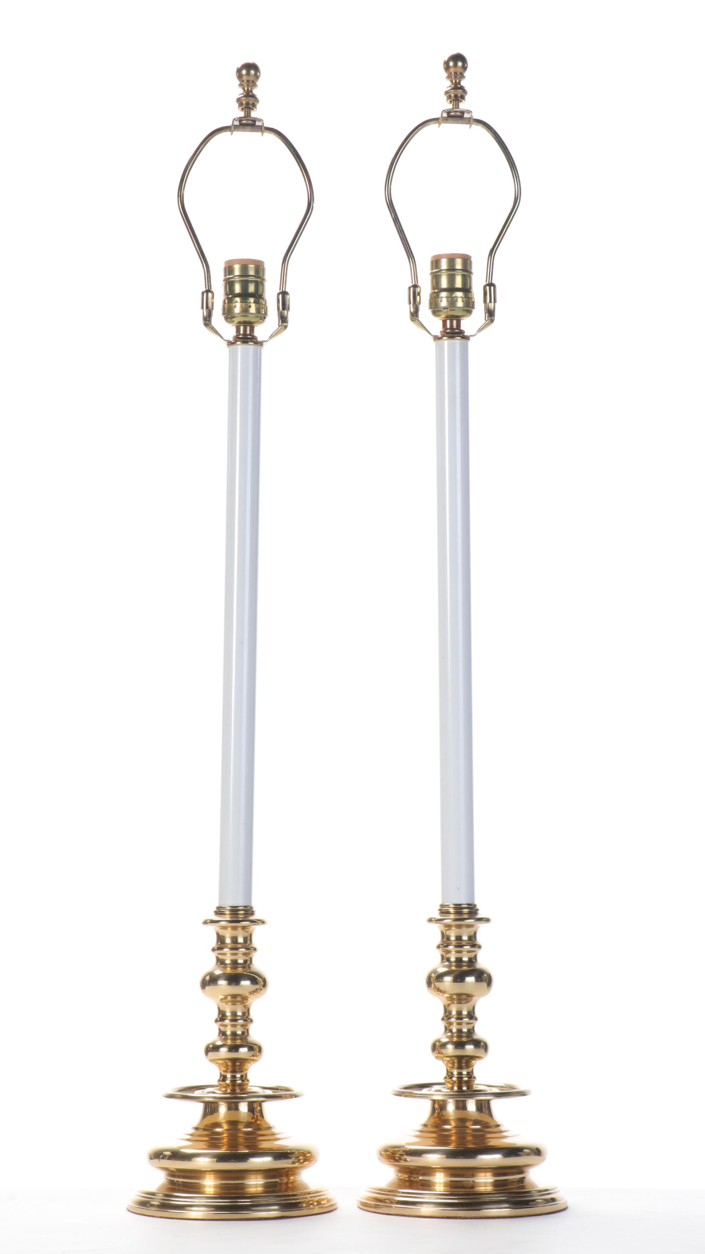 Pair of Brass and Metal Candlestick Buffet Lamps with Paper Shades