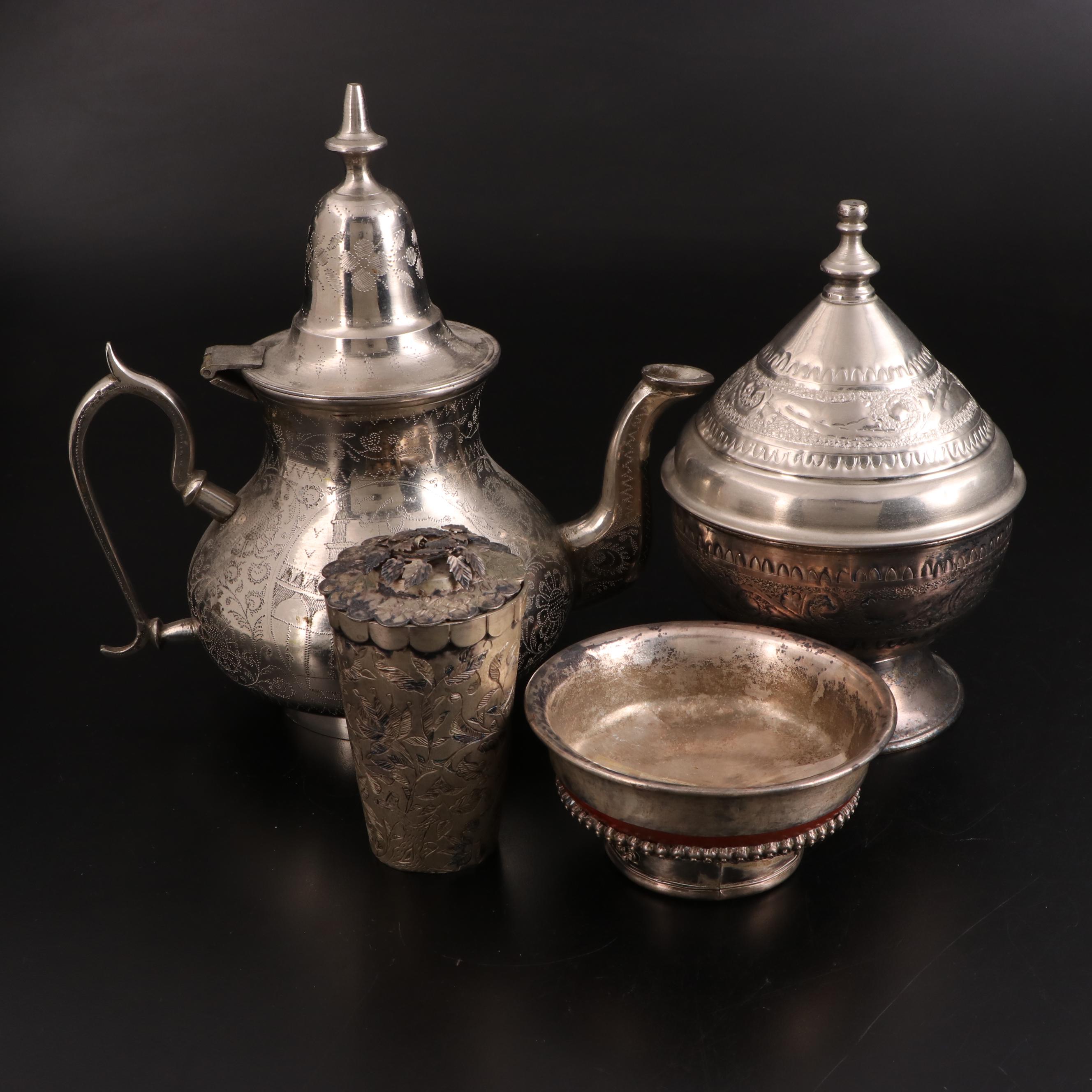 Middle Eastern Silver Plate Teapot with Outer Mongolian Bowl and Other Tableware