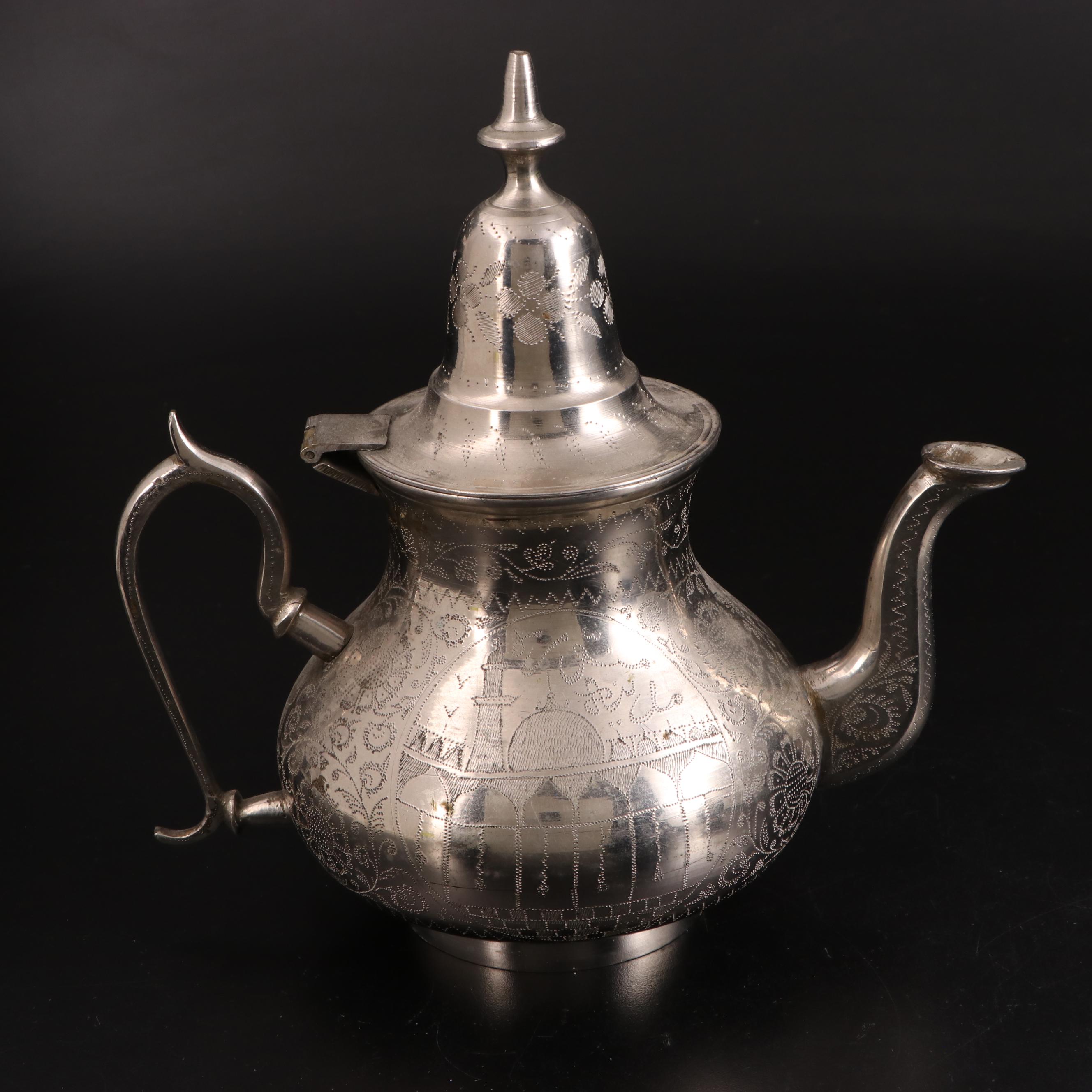 Middle Eastern Silver Plate Teapot with Outer Mongolian Bowl and Other Tableware
