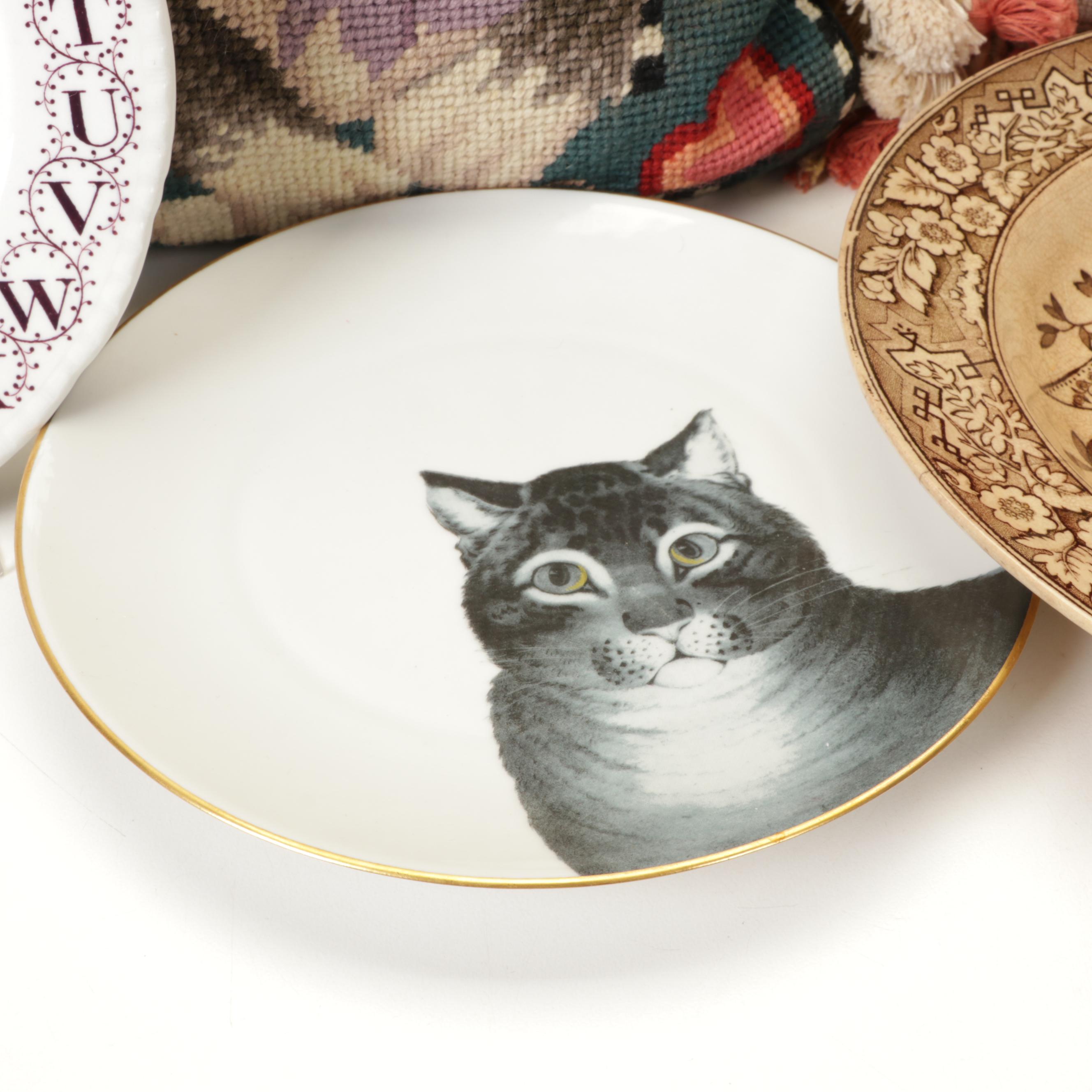 Katha Diddel & Other Needlepoint Pillows with Wedgwood and More Transferware