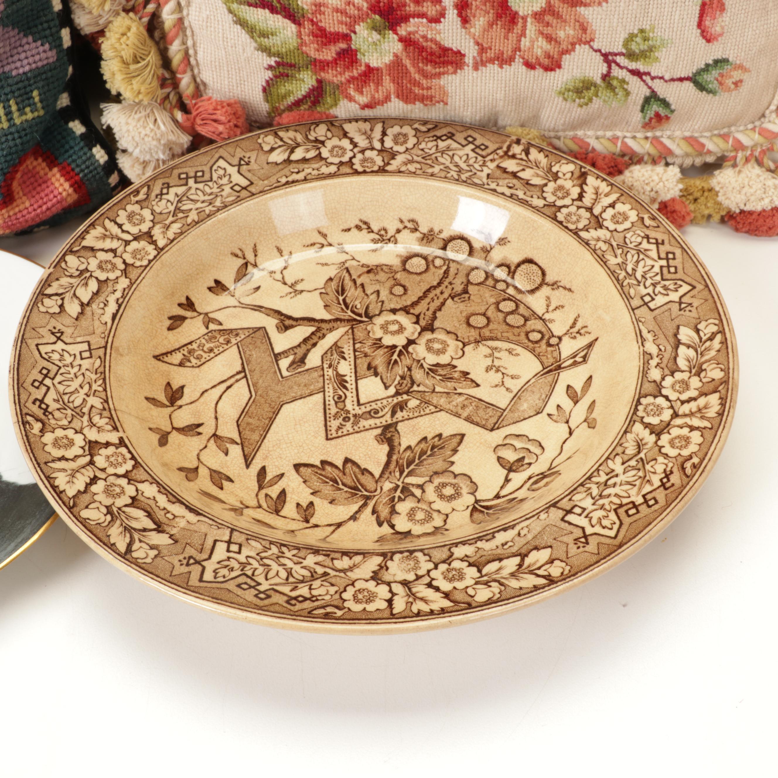 Katha Diddel & Other Needlepoint Pillows with Wedgwood and More Transferware