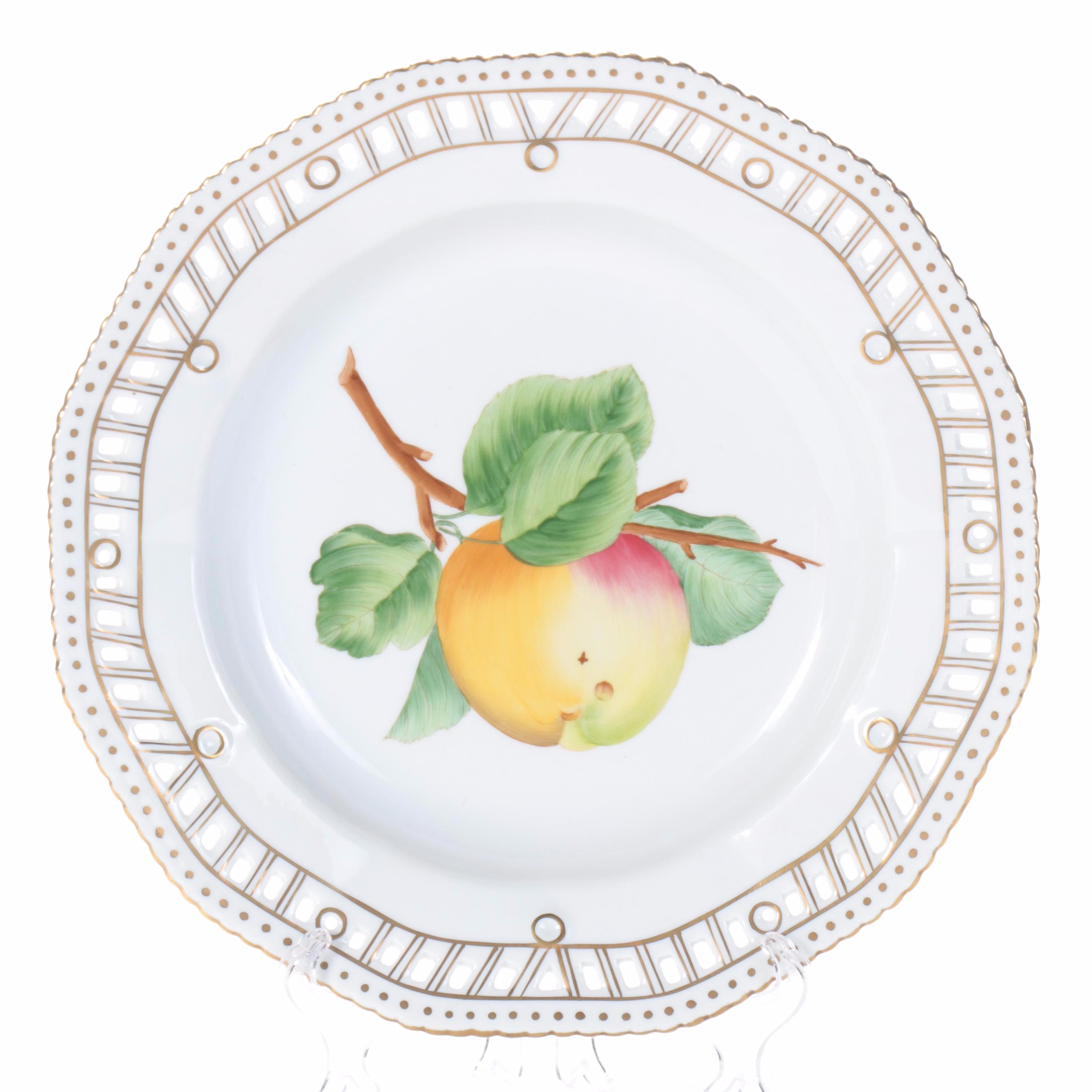 Chelsea House Porcelain Fruit Motif Cabinet Plates with Brass Wall Rack