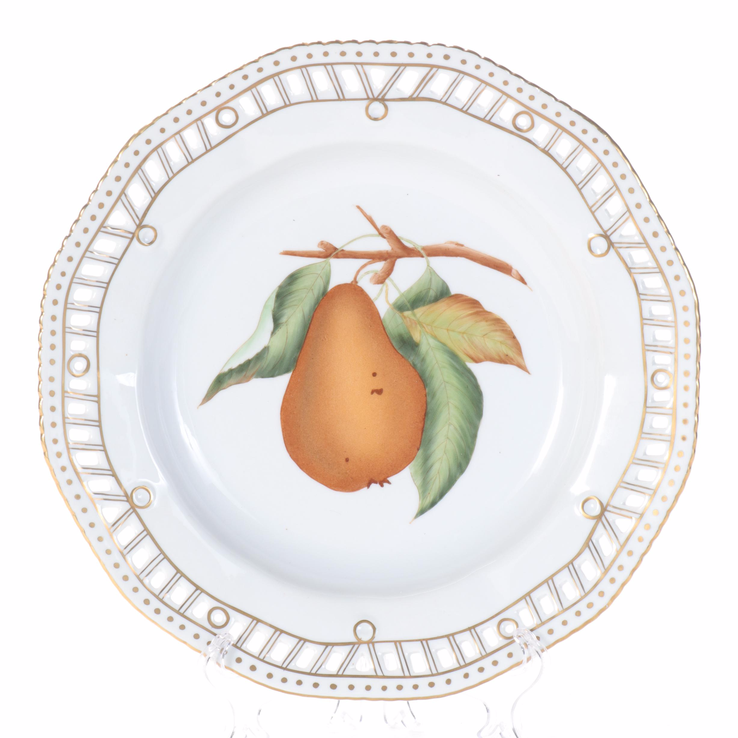 Chelsea House Porcelain Fruit Motif Cabinet Plates with Brass Wall Rack