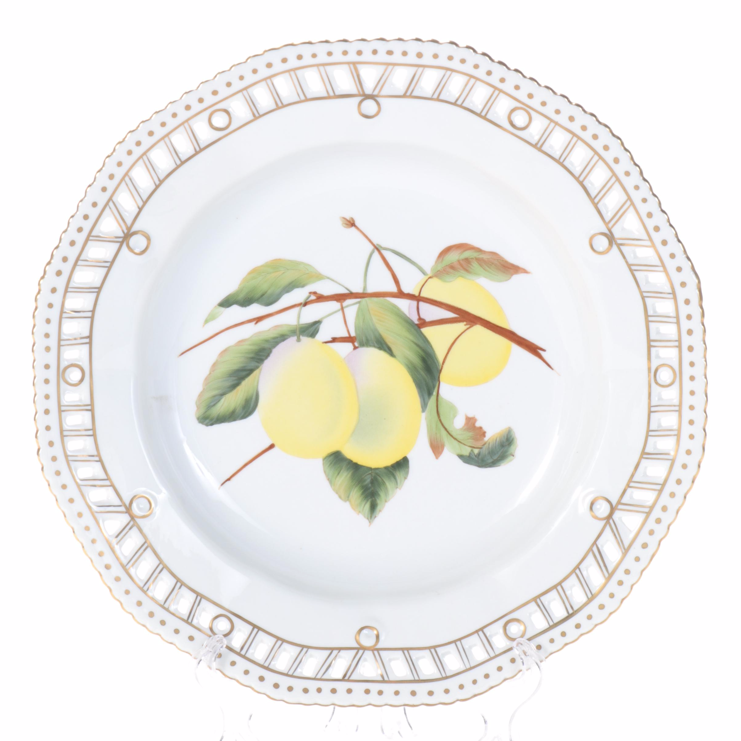 Chelsea House Porcelain Fruit Motif Cabinet Plates with Brass Wall Rack