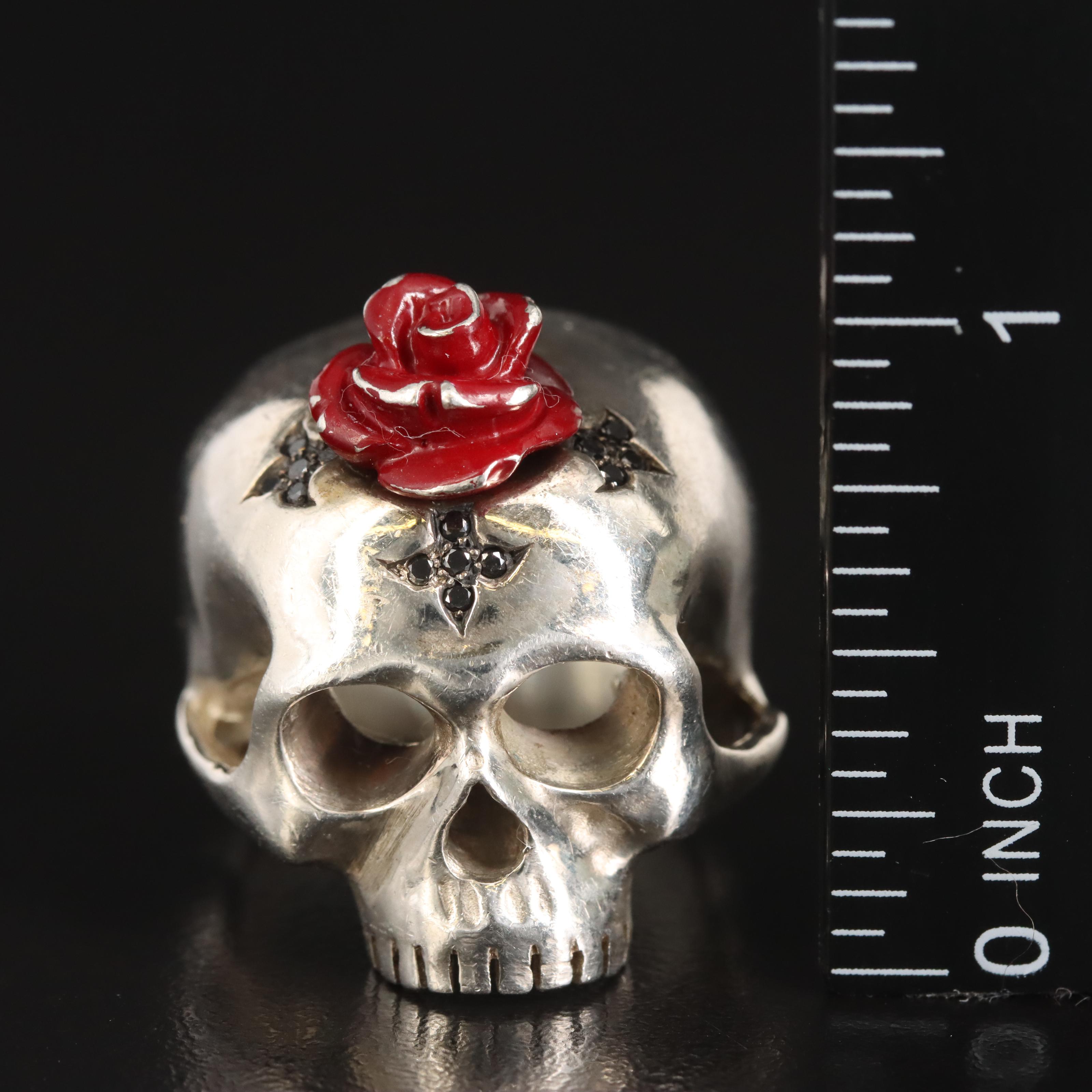 Lydia Courteille Paris Sterling Diamond Skull Ring with Rose