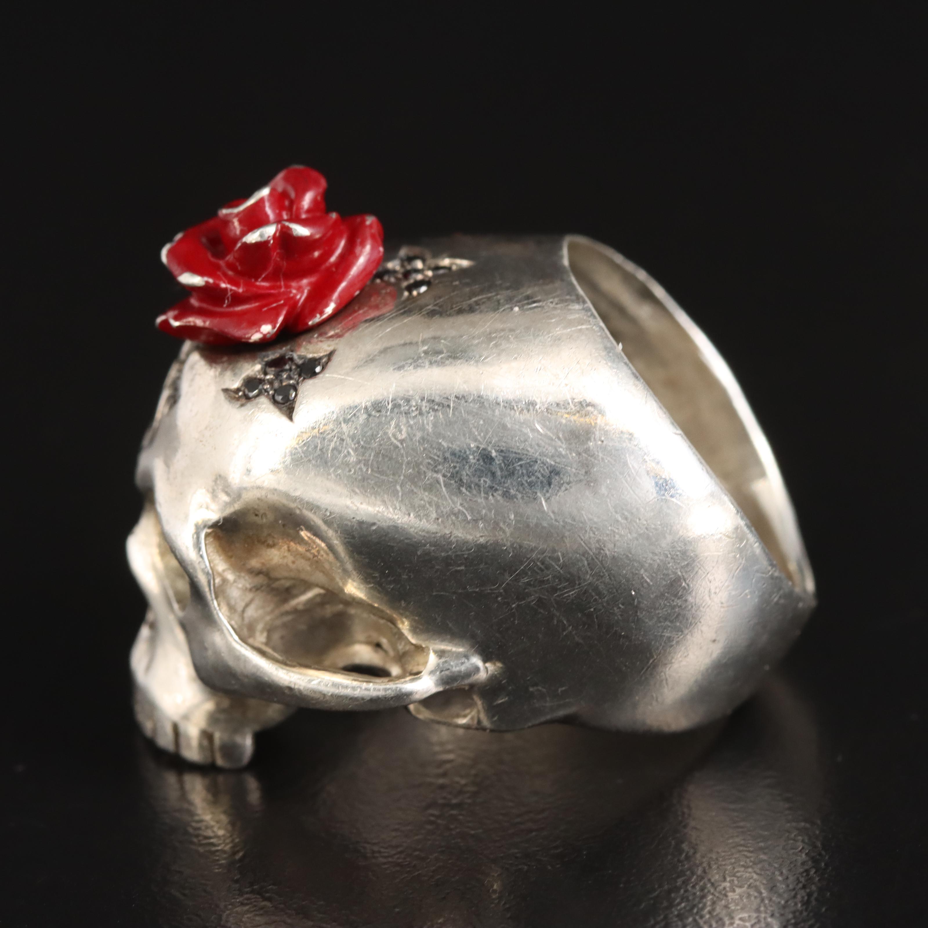 Lydia Courteille Paris Sterling Diamond Skull Ring with Rose
