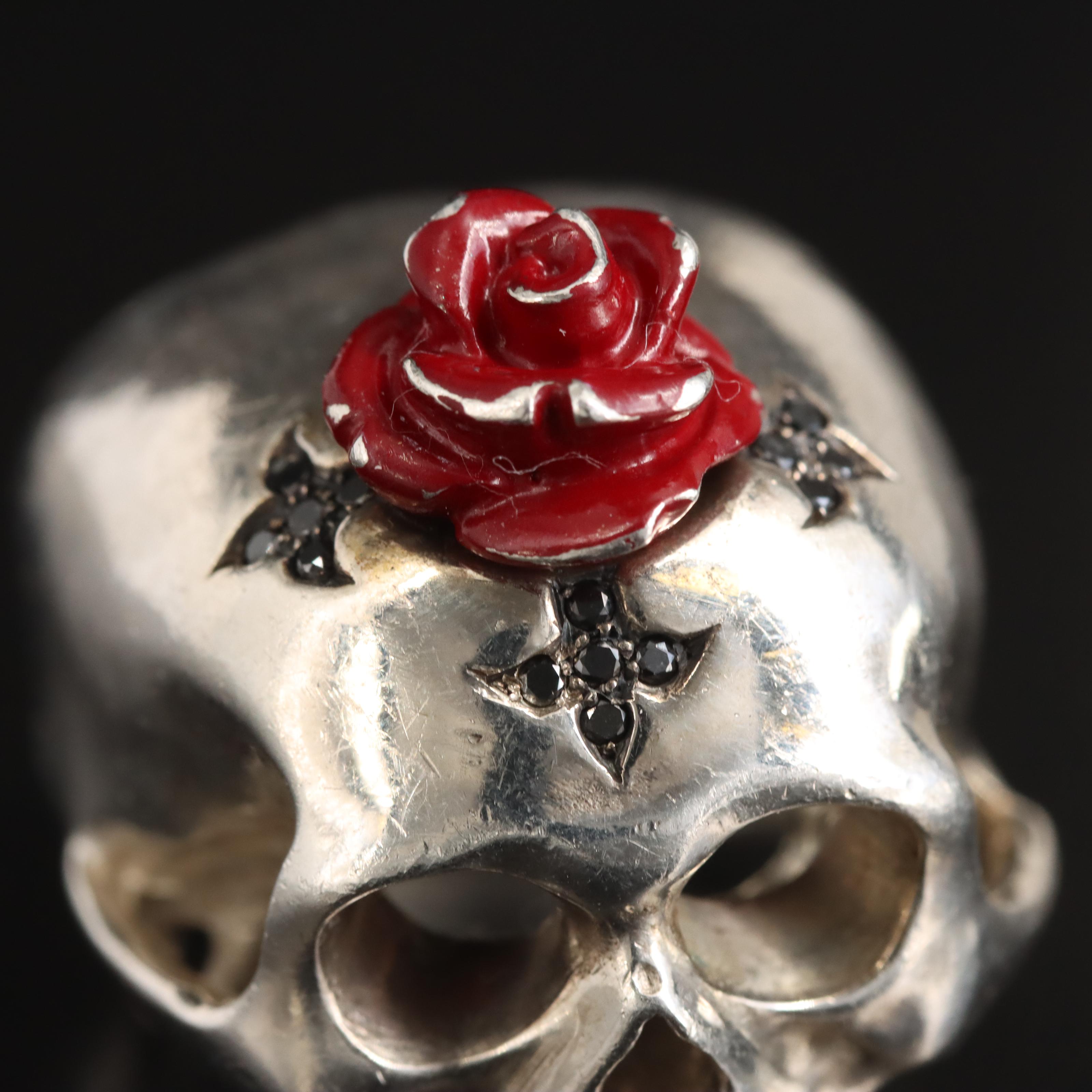 Lydia Courteille Paris Sterling Diamond Skull Ring with Rose