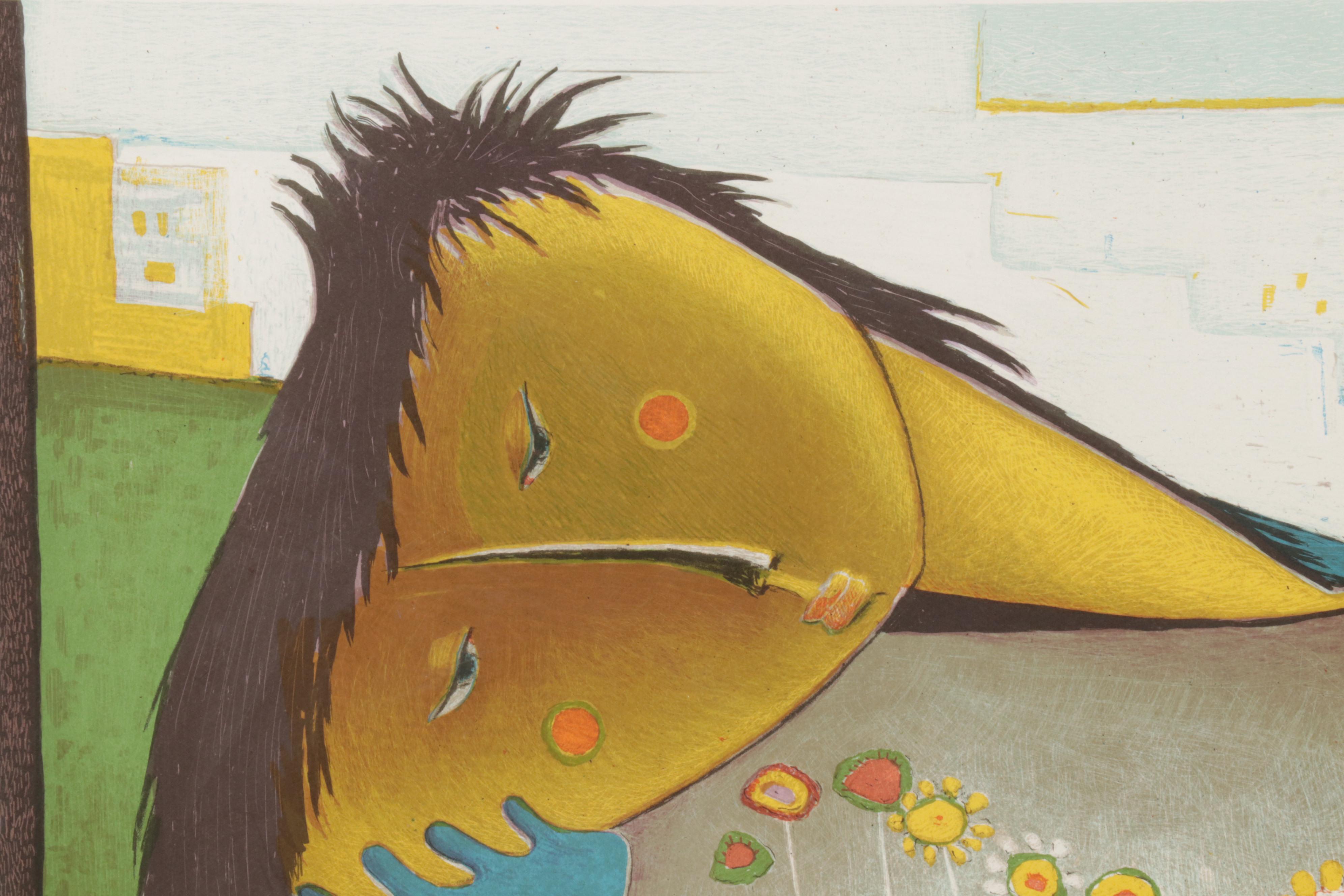 Ángel Botello Color Lithograph "Recostada con flores," Circa 1975