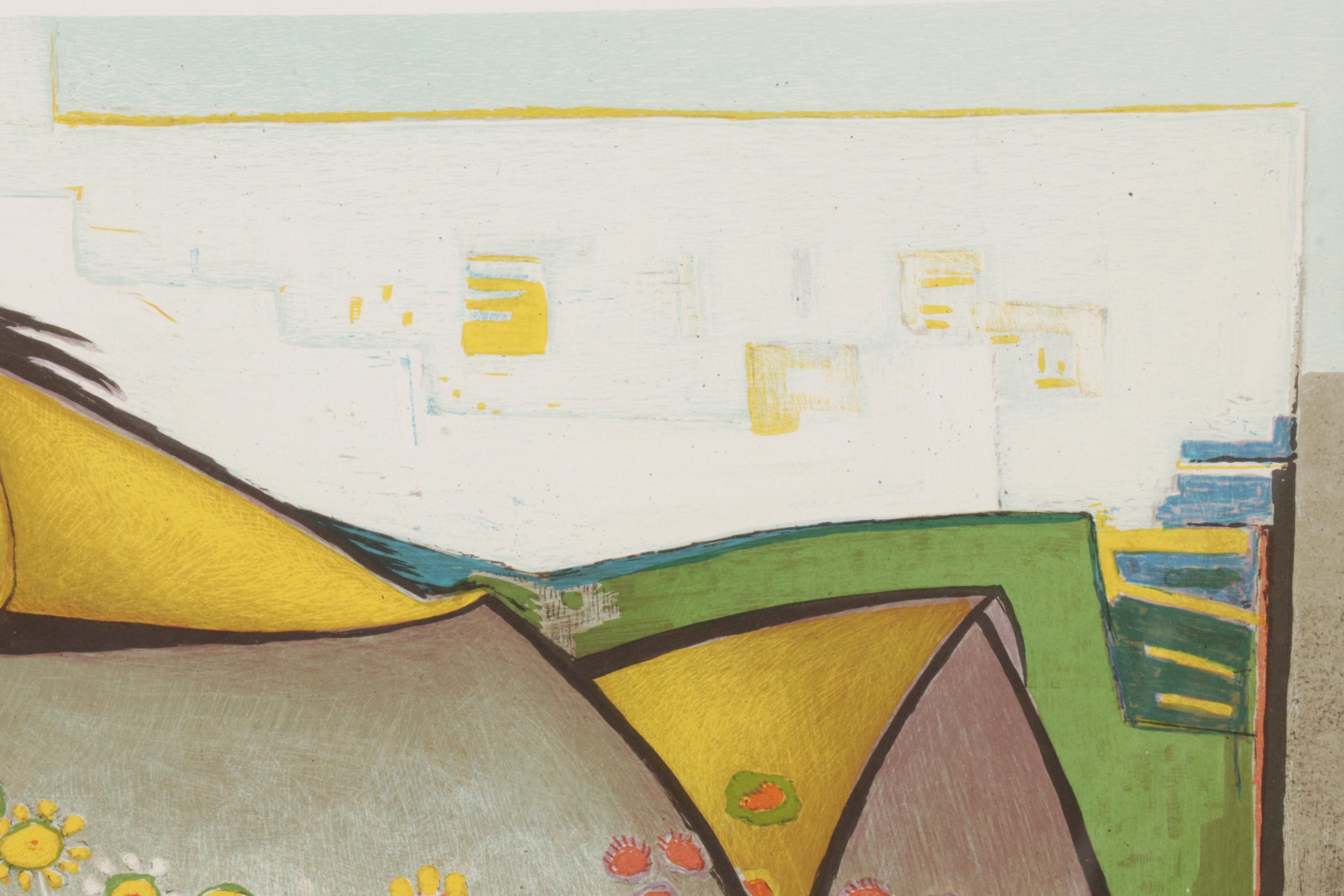 Ángel Botello Color Lithograph "Recostada con flores," Circa 1975