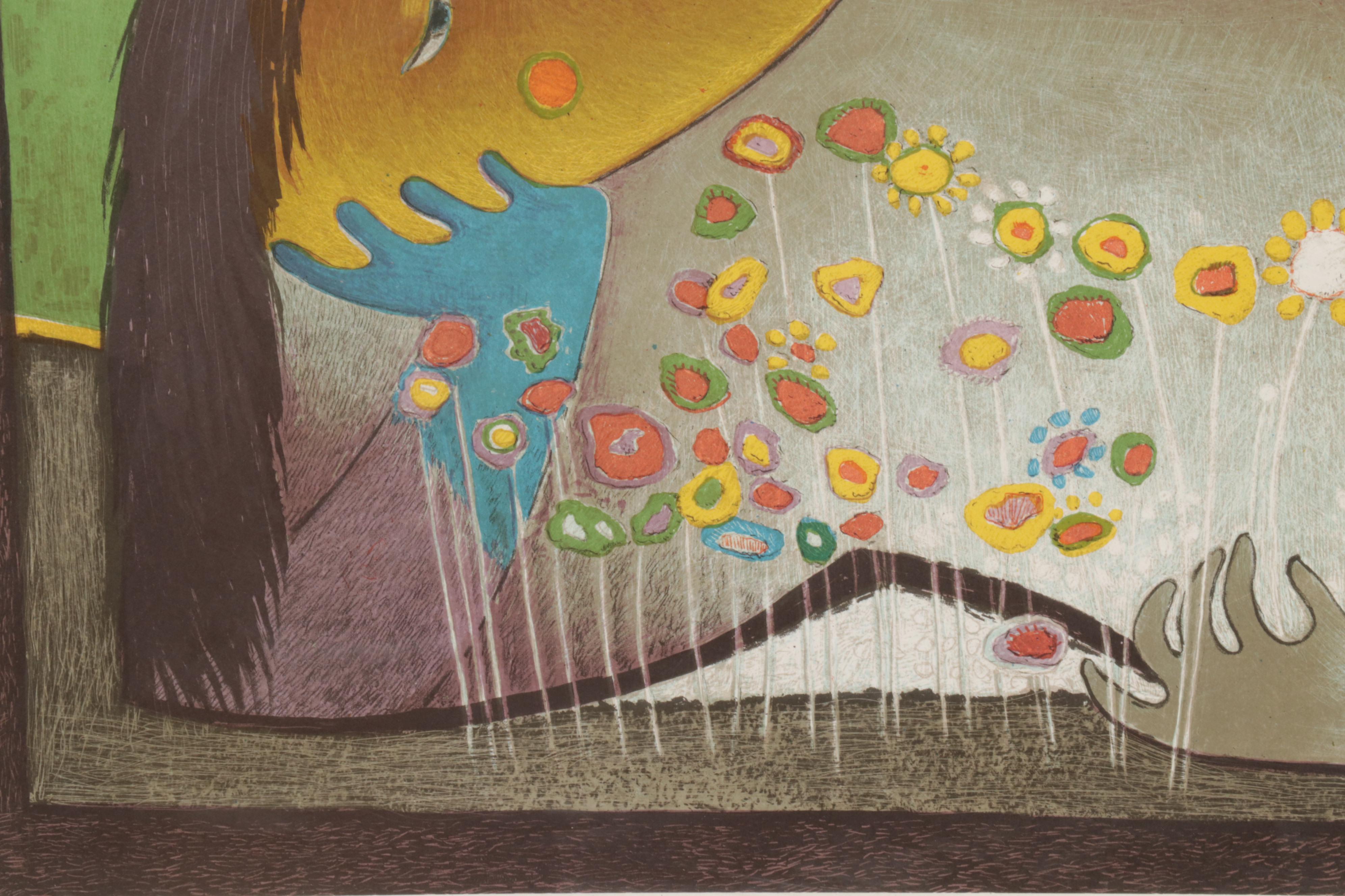 Ángel Botello Color Lithograph "Recostada con flores," Circa 1975