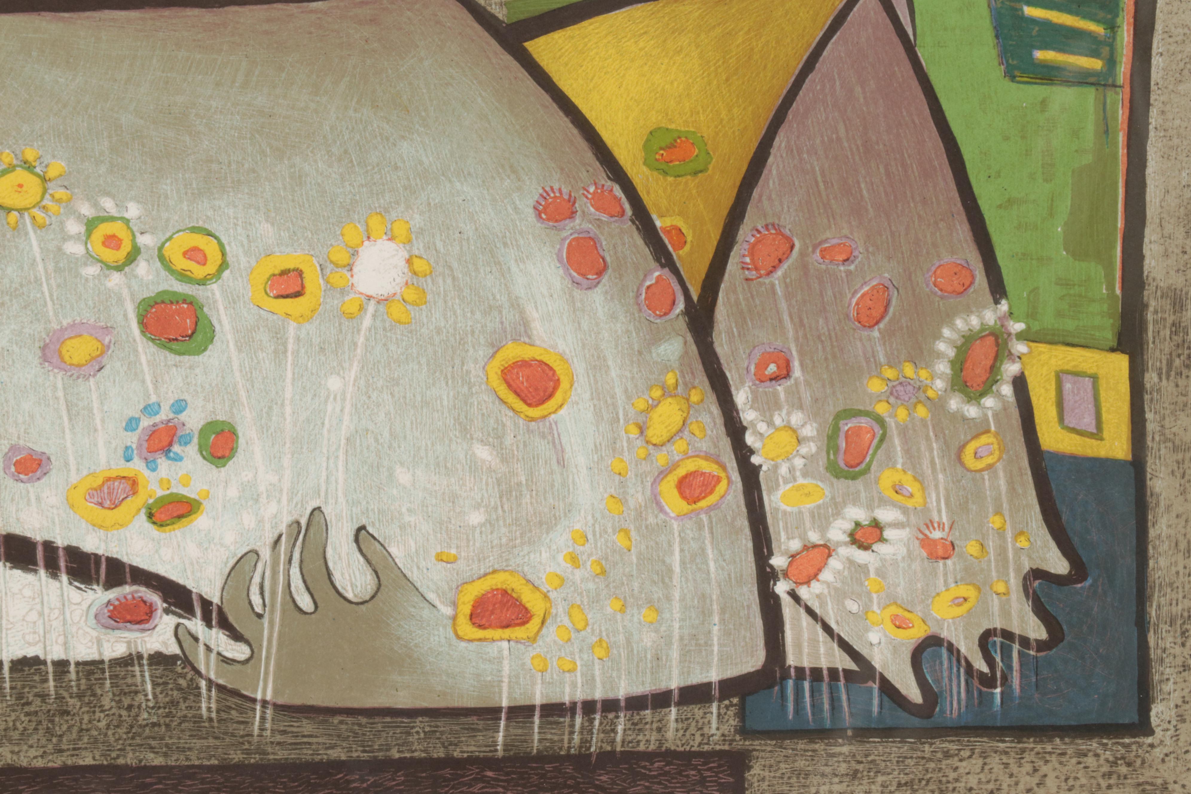 Ángel Botello Color Lithograph "Recostada con flores," Circa 1975