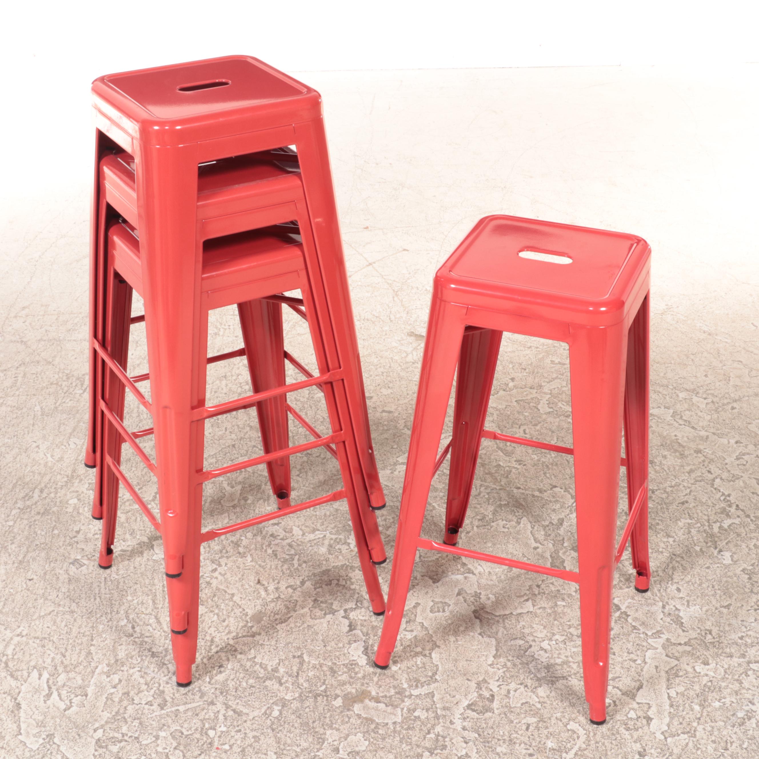 White Acrylic High-Top Table with Red Metal Barstools