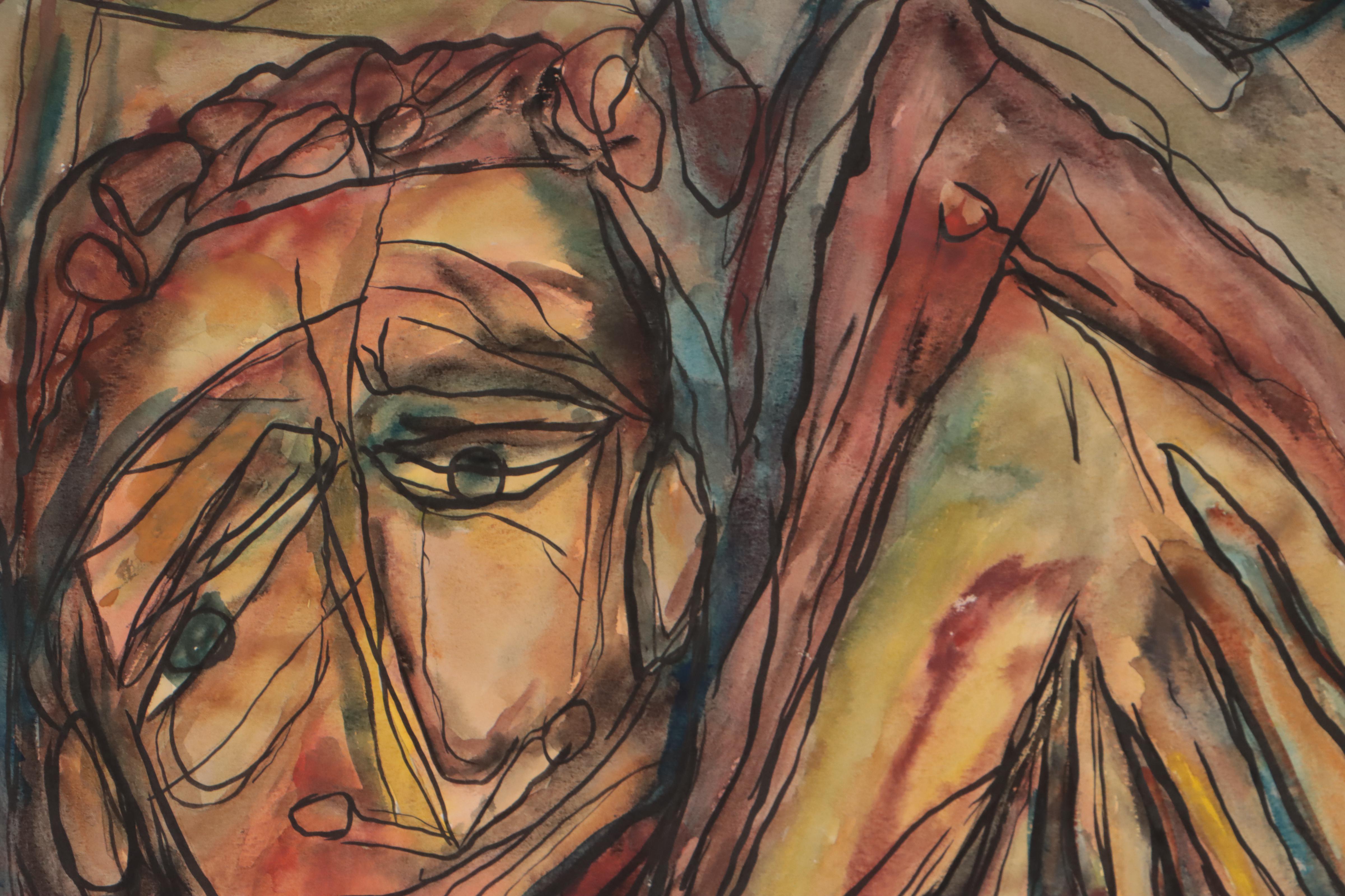 Frank Sobieski Figural Mixed Media Painting, Circa 1965