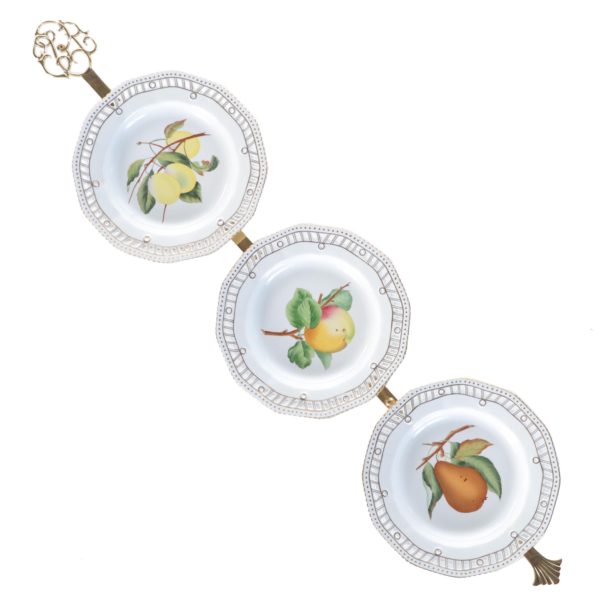 Chelsea House Porcelain Fruit Motif Cabinet Plates with Brass Wall Rack