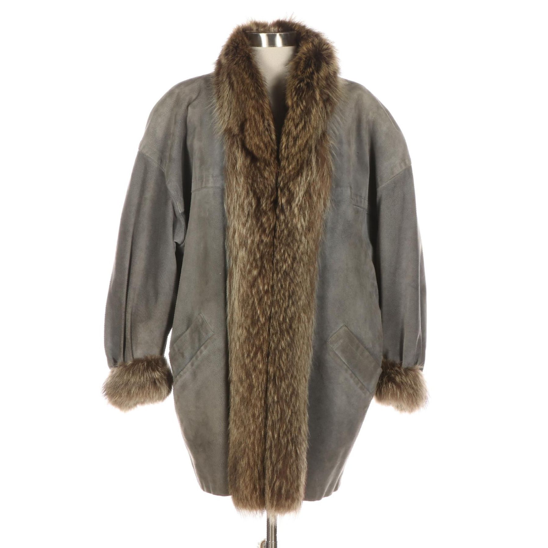 Yves Saint Laurent Fox Fur Trimmed Suede Coat