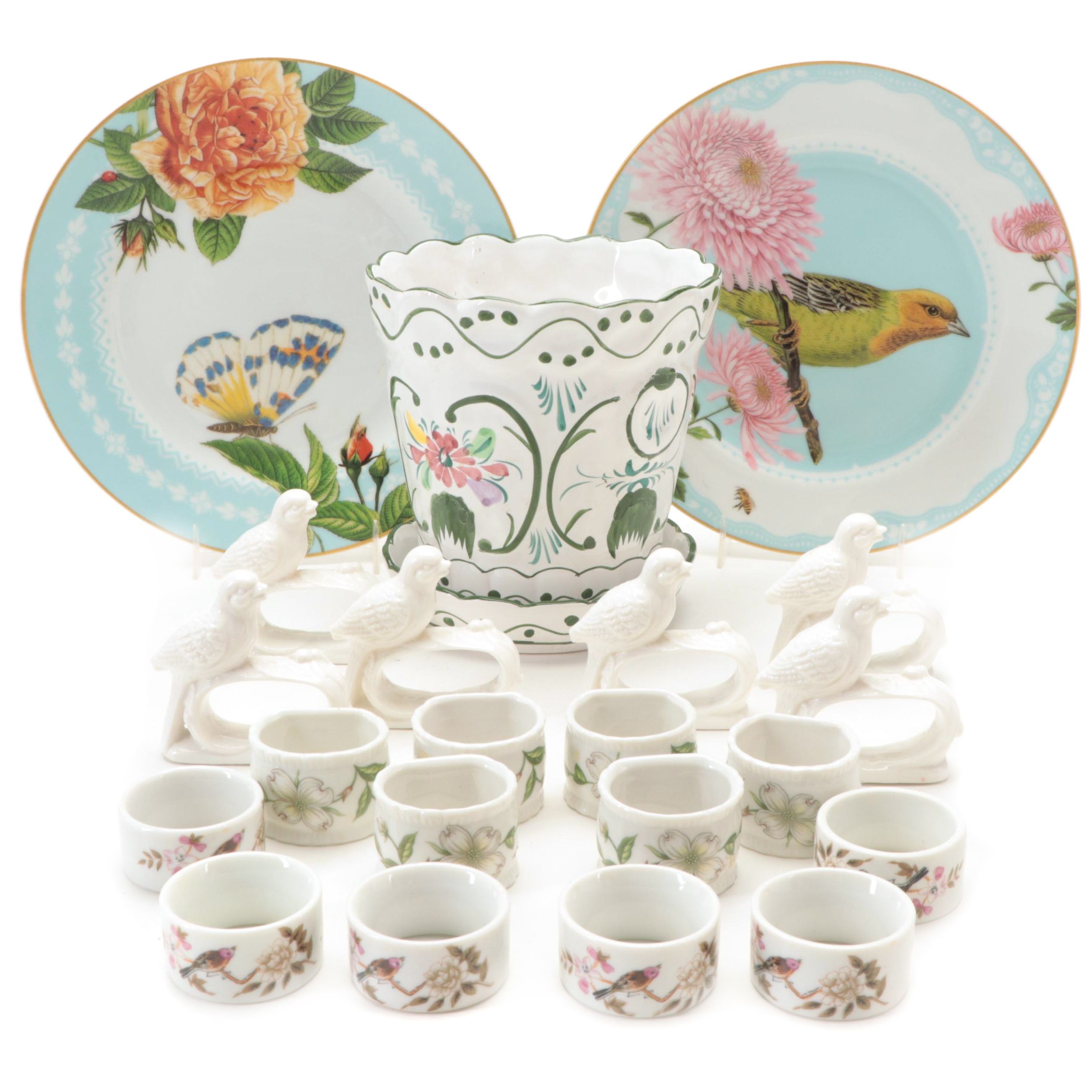 Williams-Sonoma Ceramic Plates with Napkin Rings and Cache Pot