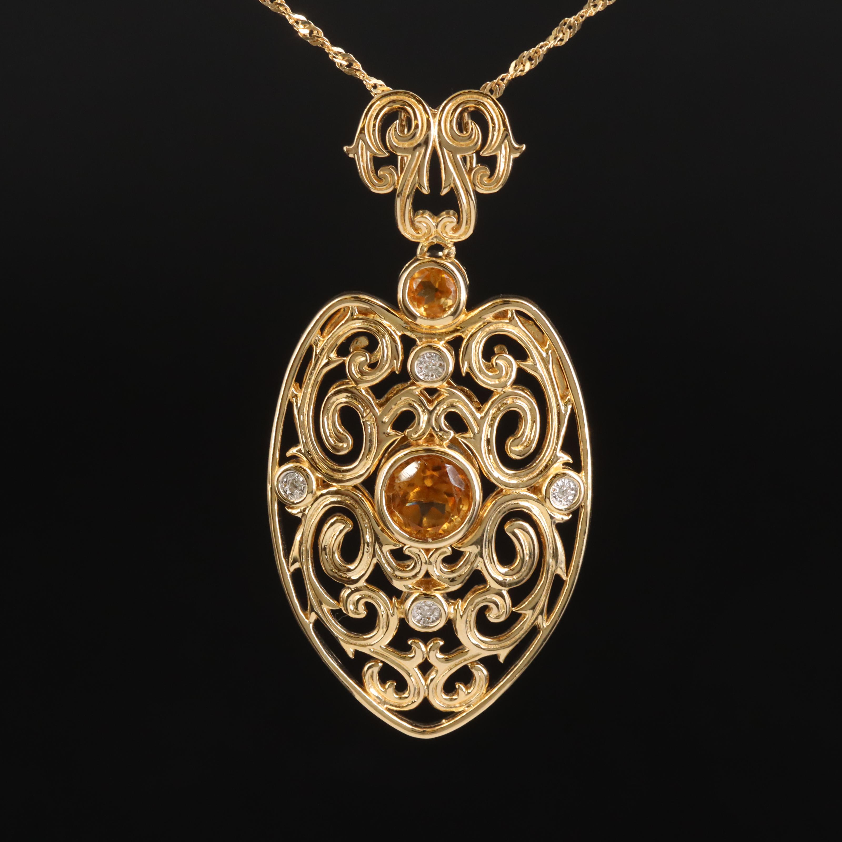 Sterling Citrine and Diamond Shield Pendant Necklace