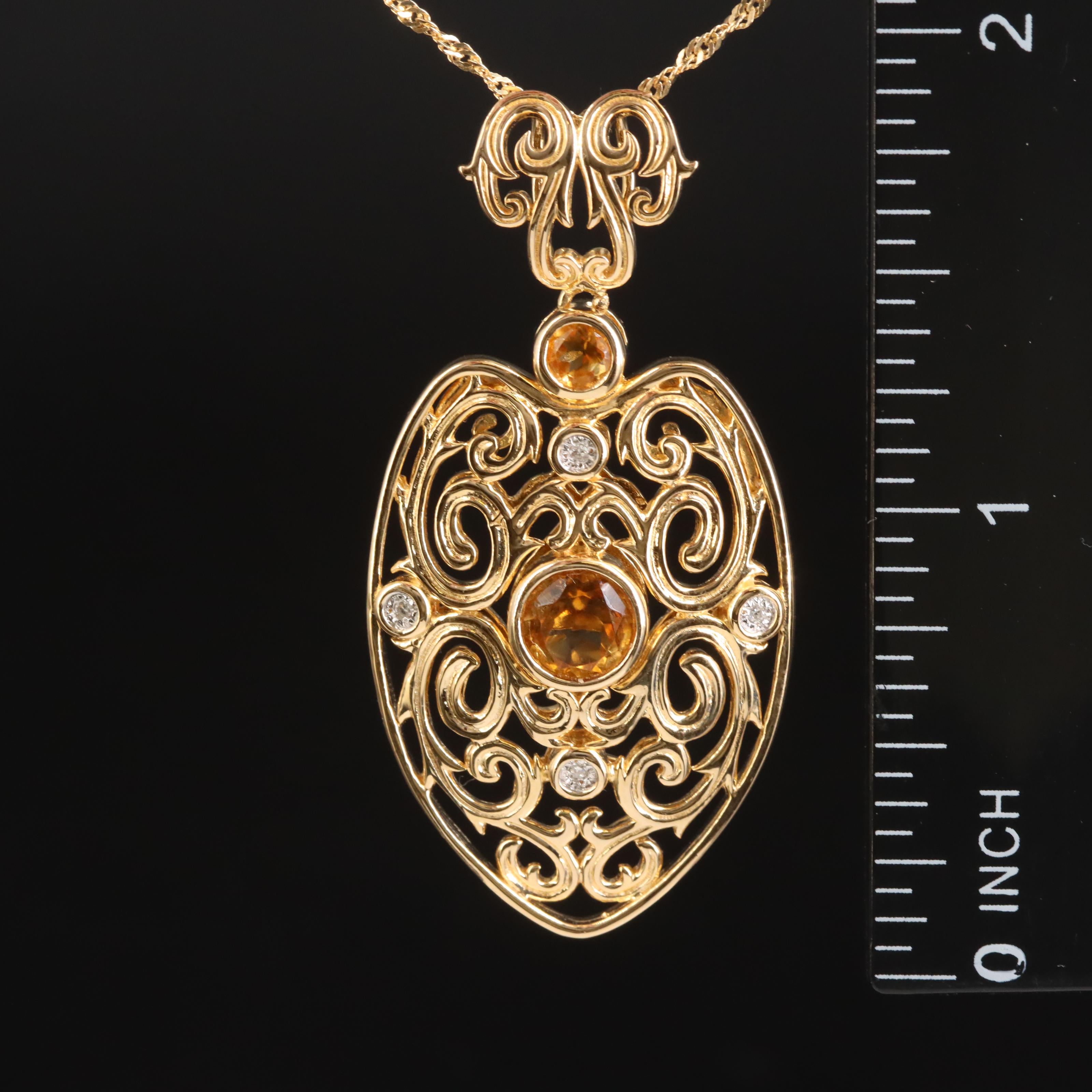 Sterling Citrine and Diamond Shield Pendant Necklace