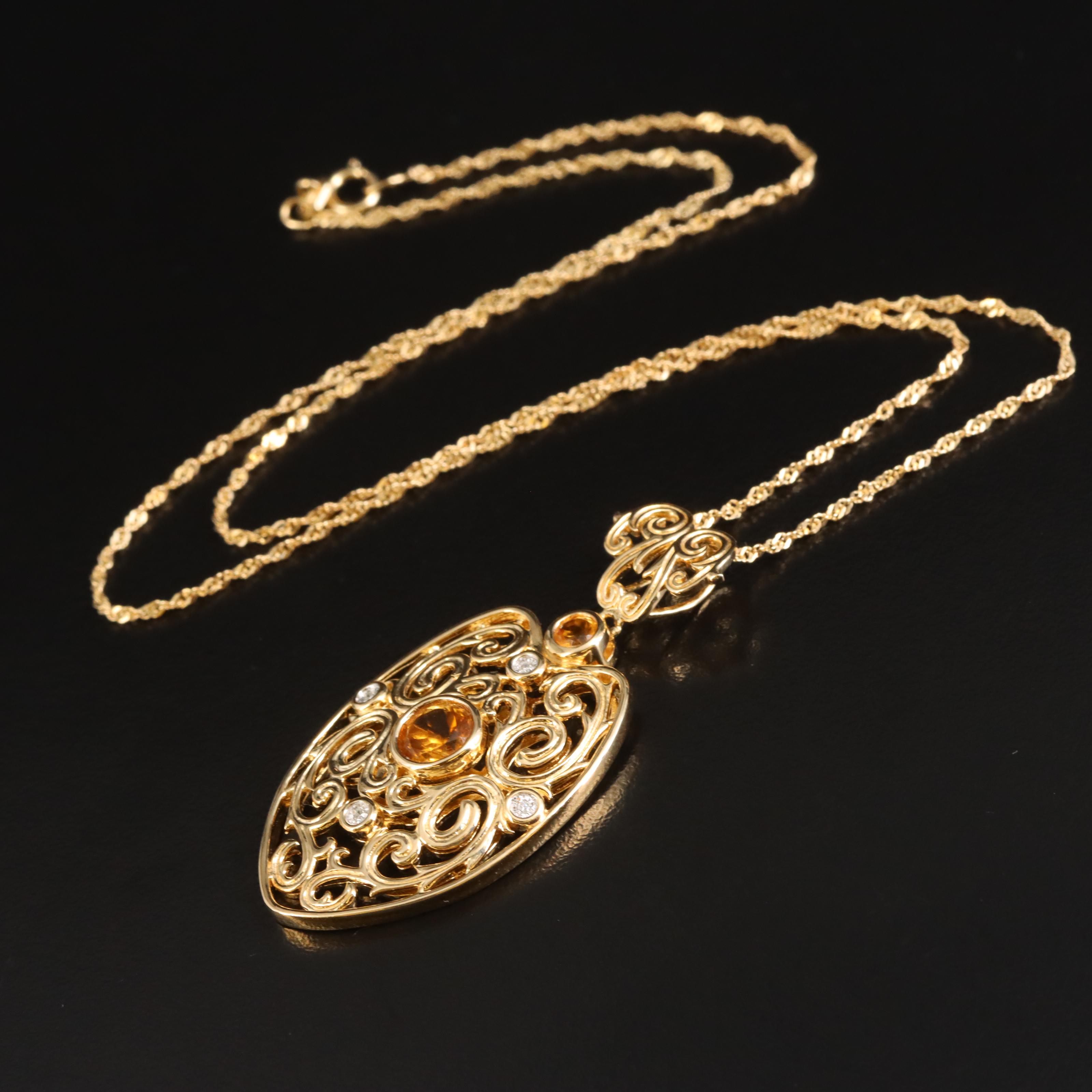 Sterling Citrine and Diamond Shield Pendant Necklace