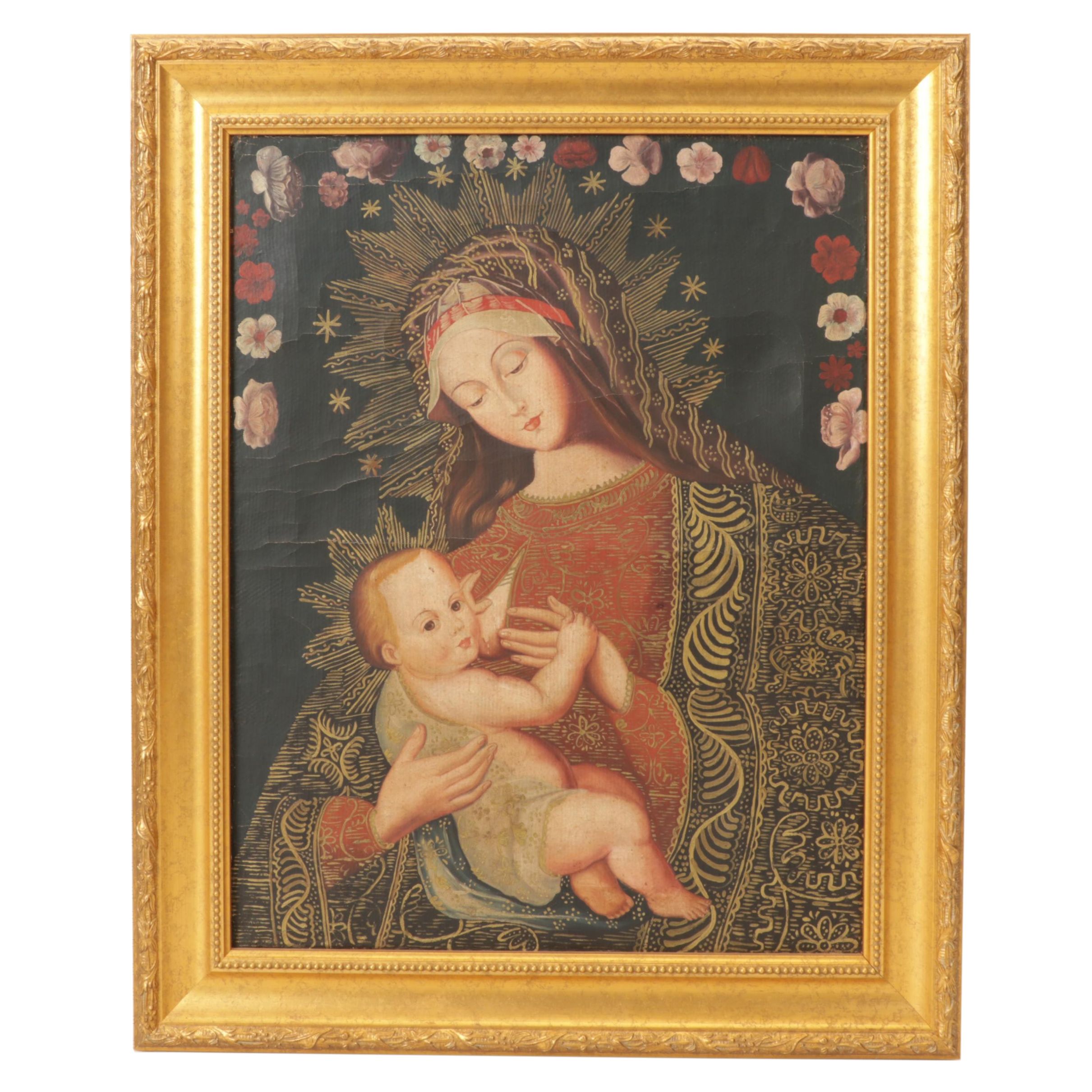 Cuzco School Tempera Painting "Madonna Lactans," Early 20th Century