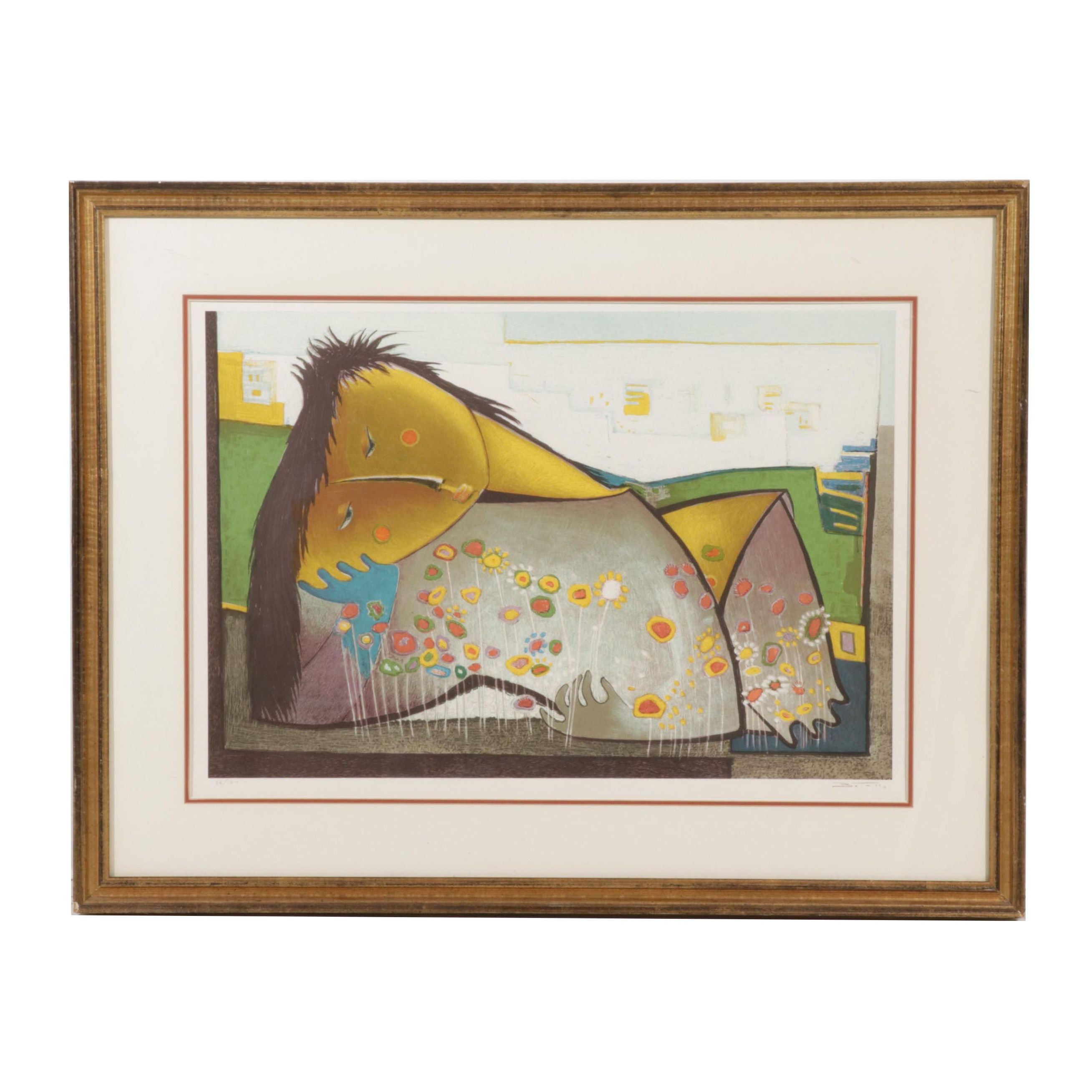 Ángel Botello Color Lithograph "Recostada con flores," Circa 1975