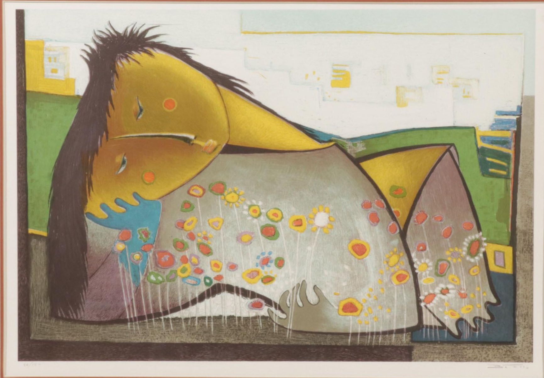 Ángel Botello Color Lithograph "Recostada con flores," Circa 1975