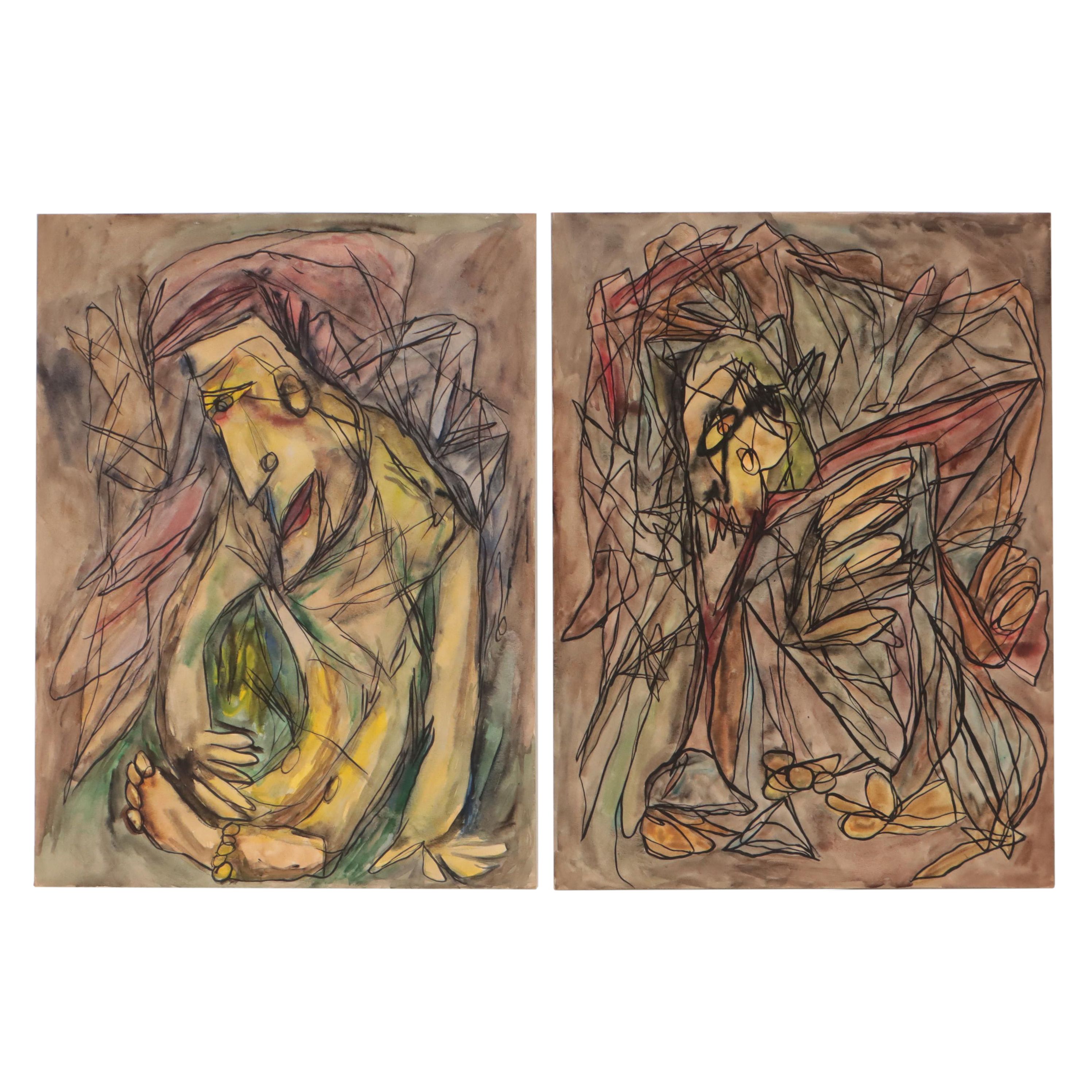 Frank Sobieski Figural Mixed Media Paintings, Circa 1965