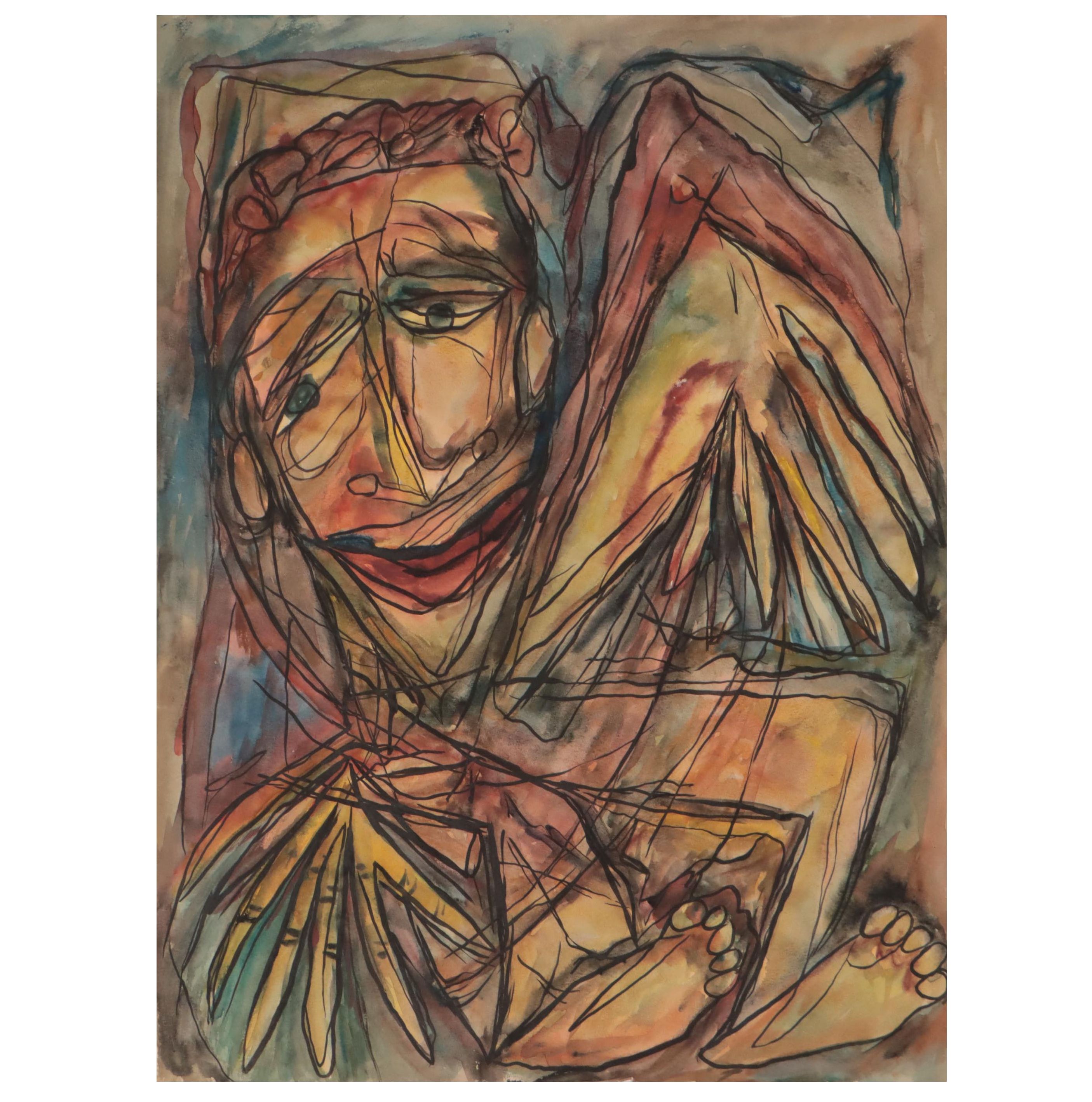 Frank Sobieski Figural Mixed Media Painting, Circa 1965