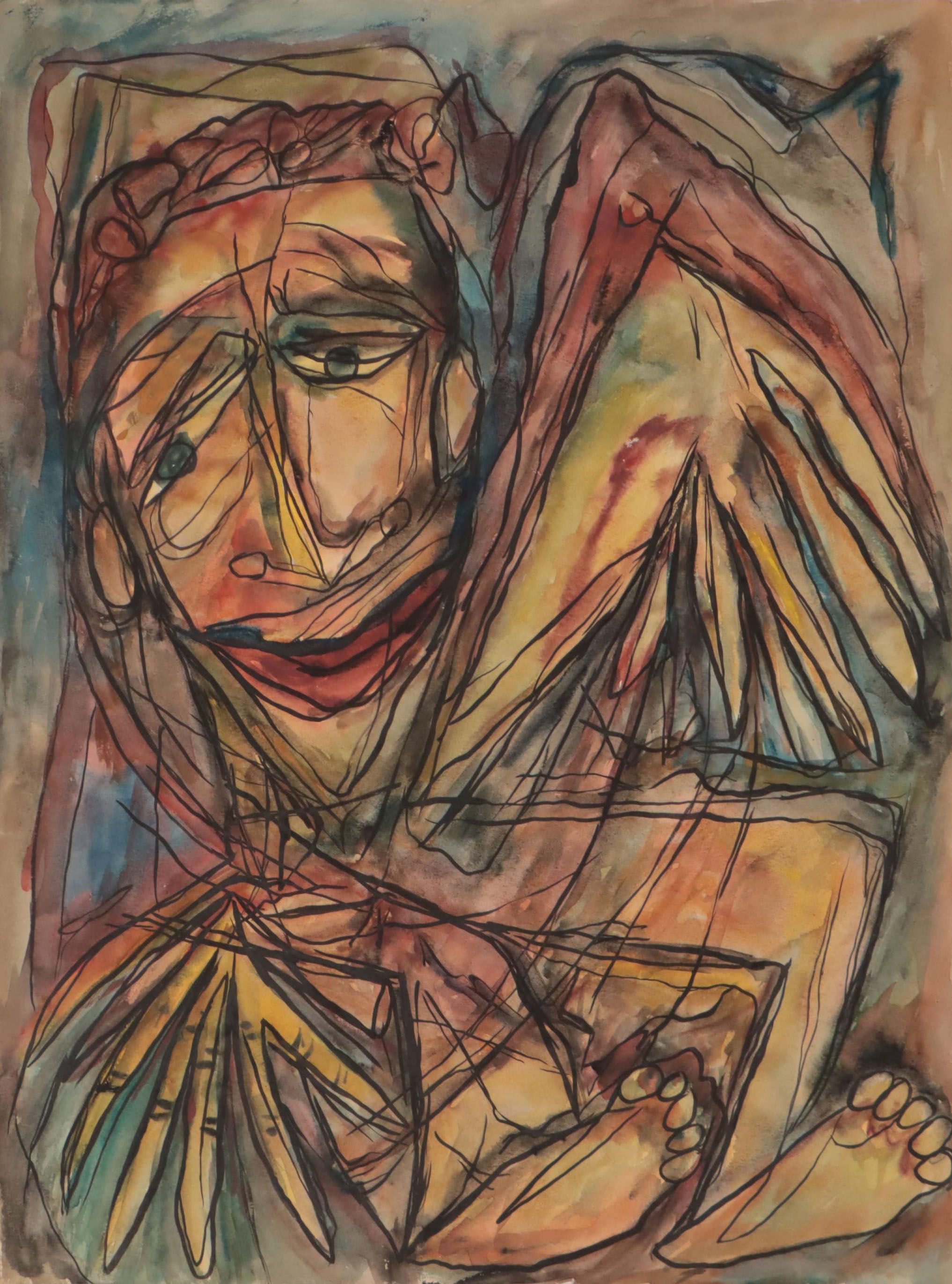 Frank Sobieski Figural Mixed Media Painting, Circa 1965