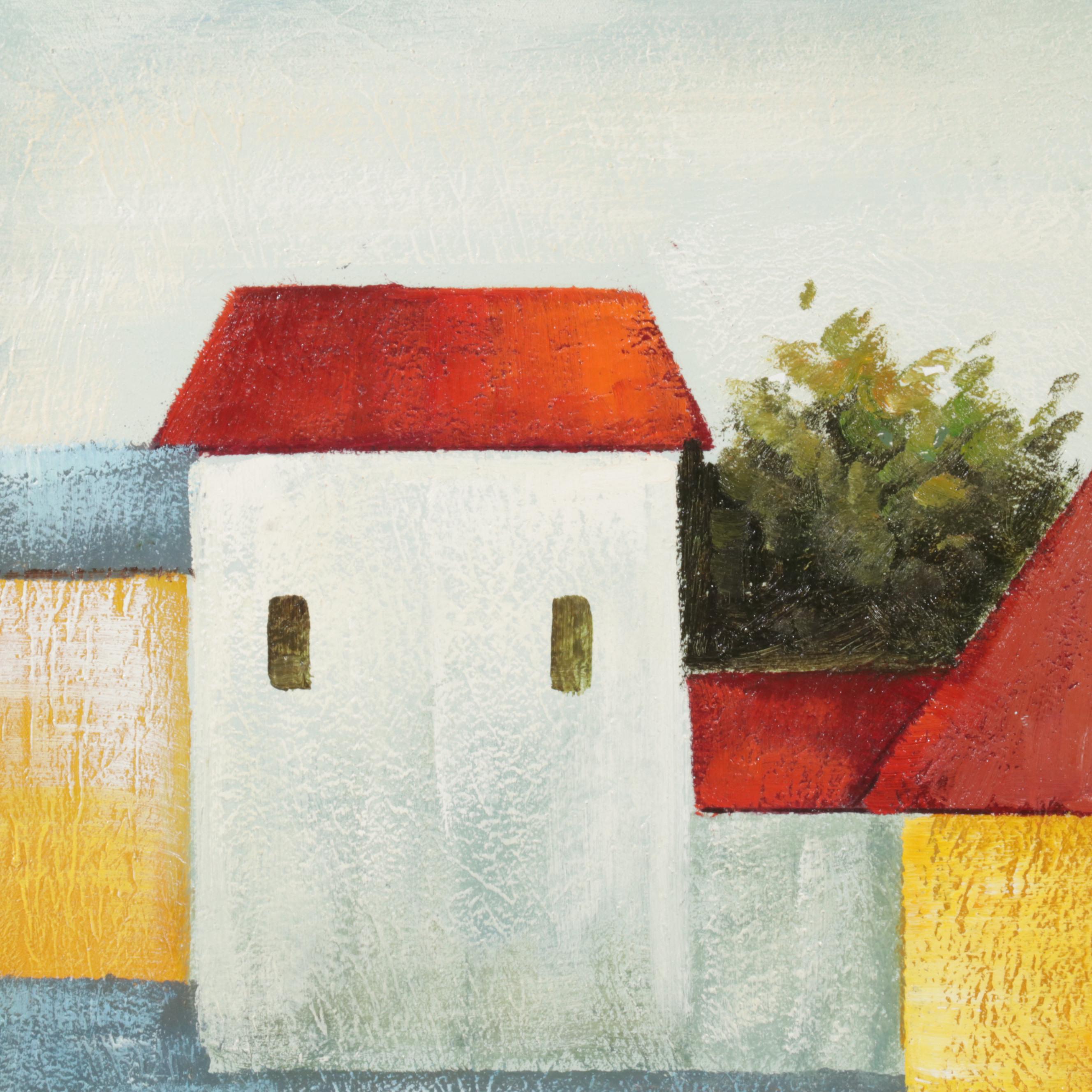 Folk Art Acrylic Painting of Village Street Scene, Circa 2000