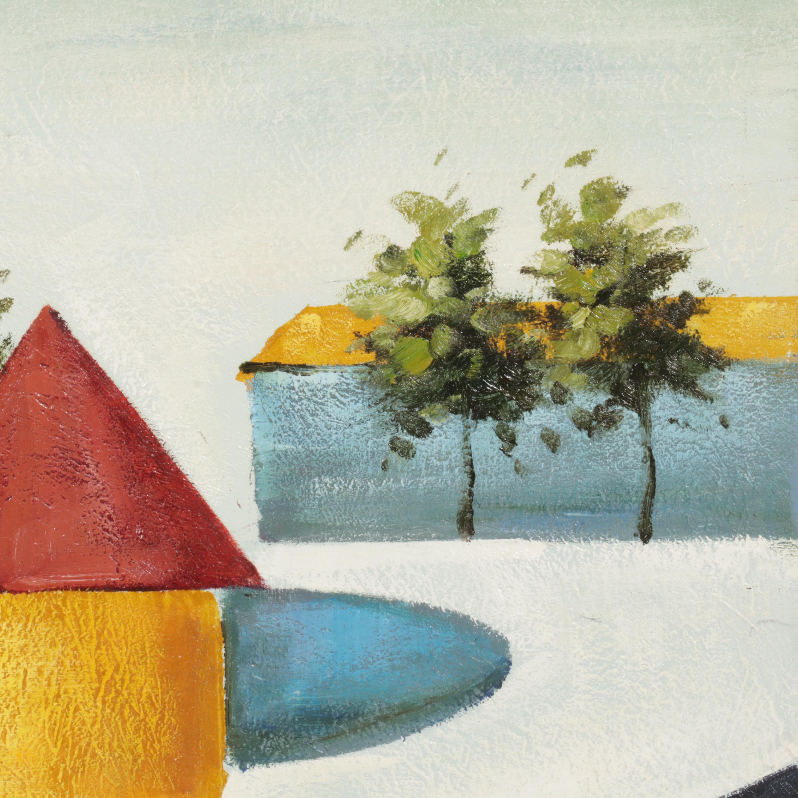 Folk Art Acrylic Painting of Village Street Scene, Circa 2000