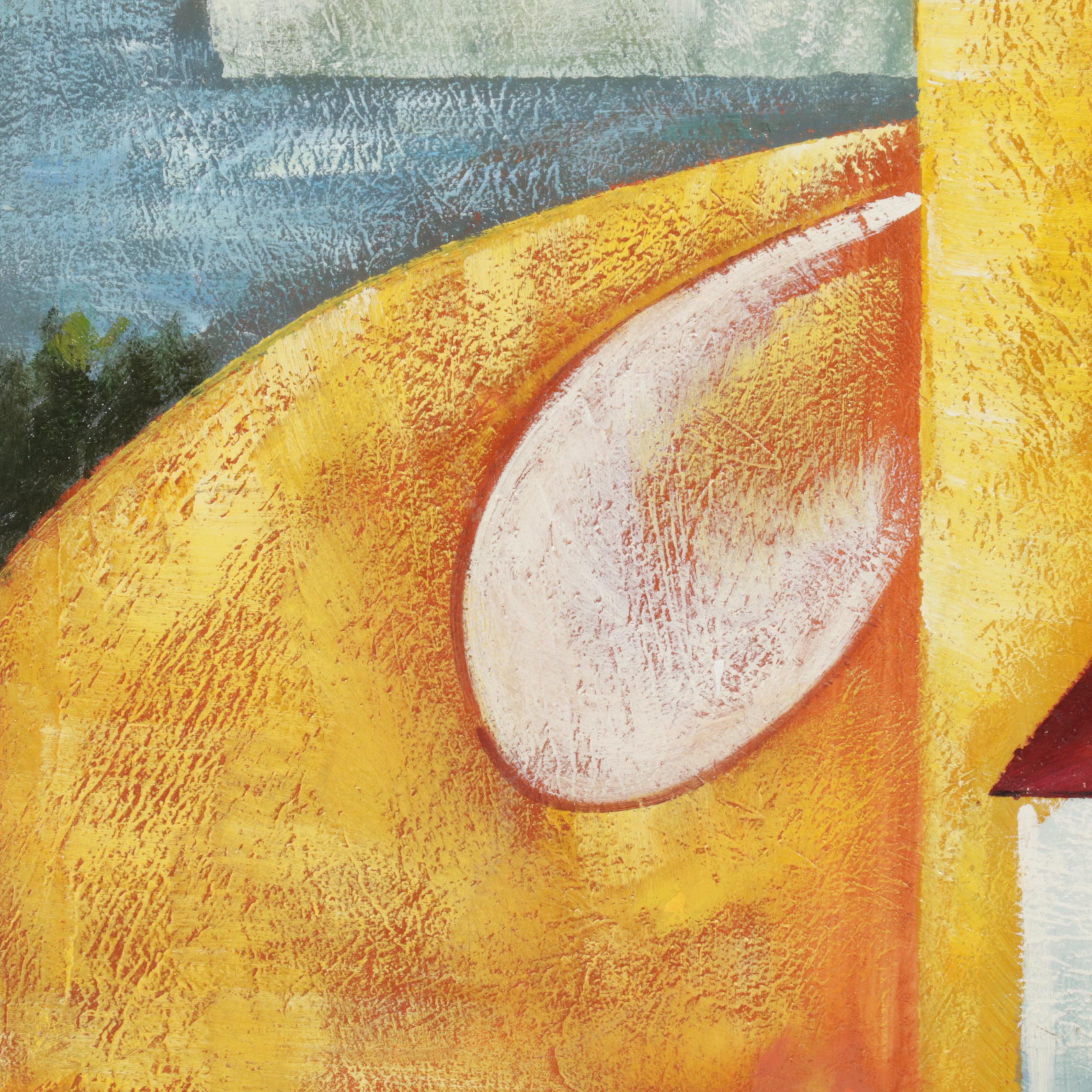 Folk Art Acrylic Painting of Village Street Scene, Circa 2000