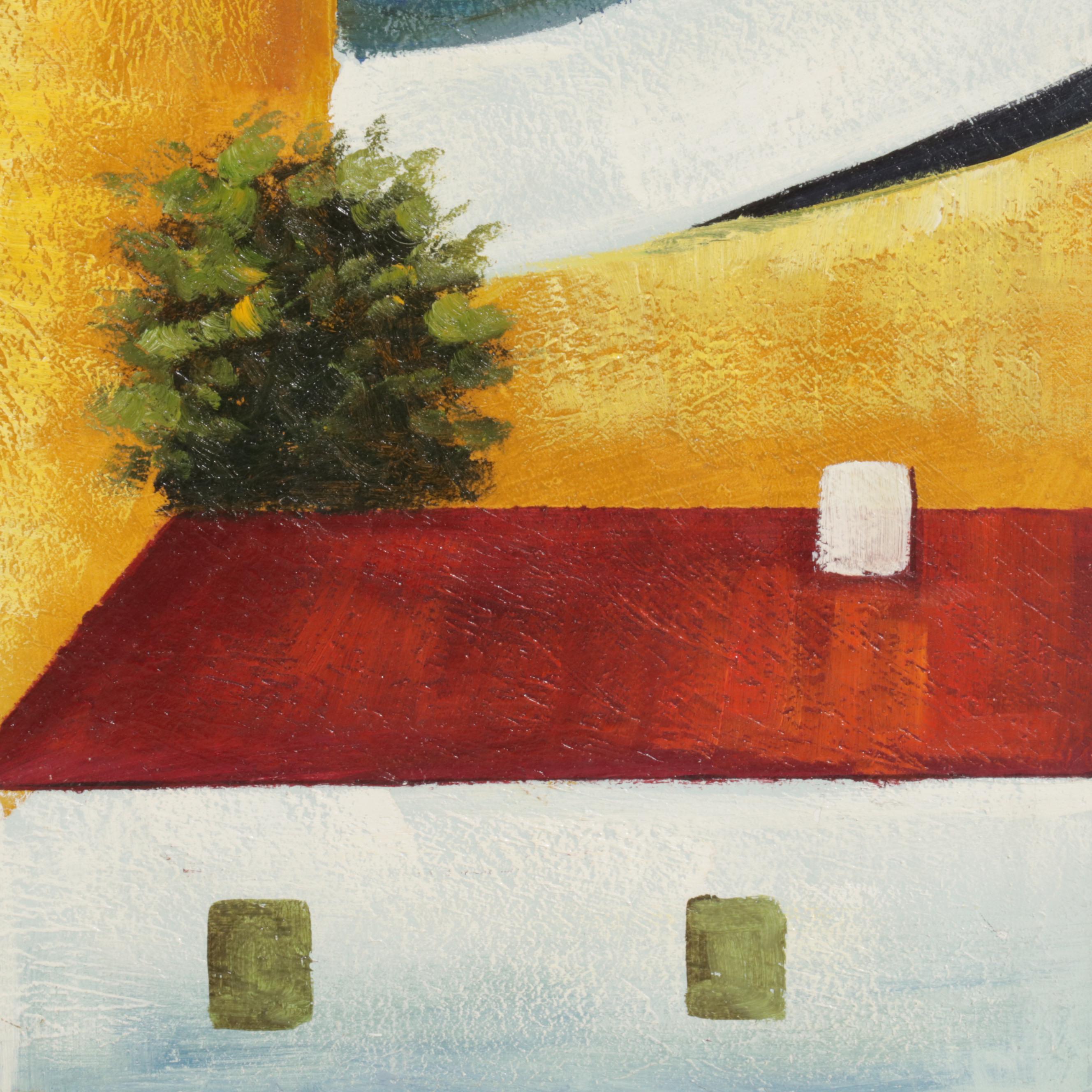 Folk Art Acrylic Painting of Village Street Scene, Circa 2000