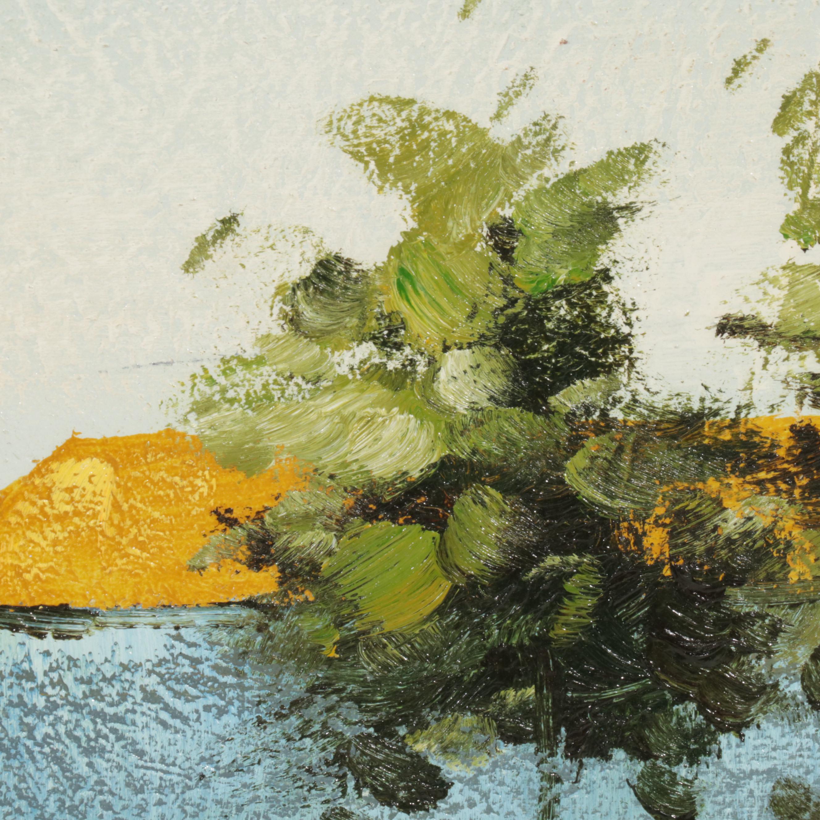 Folk Art Acrylic Painting of Village Street Scene, Circa 2000