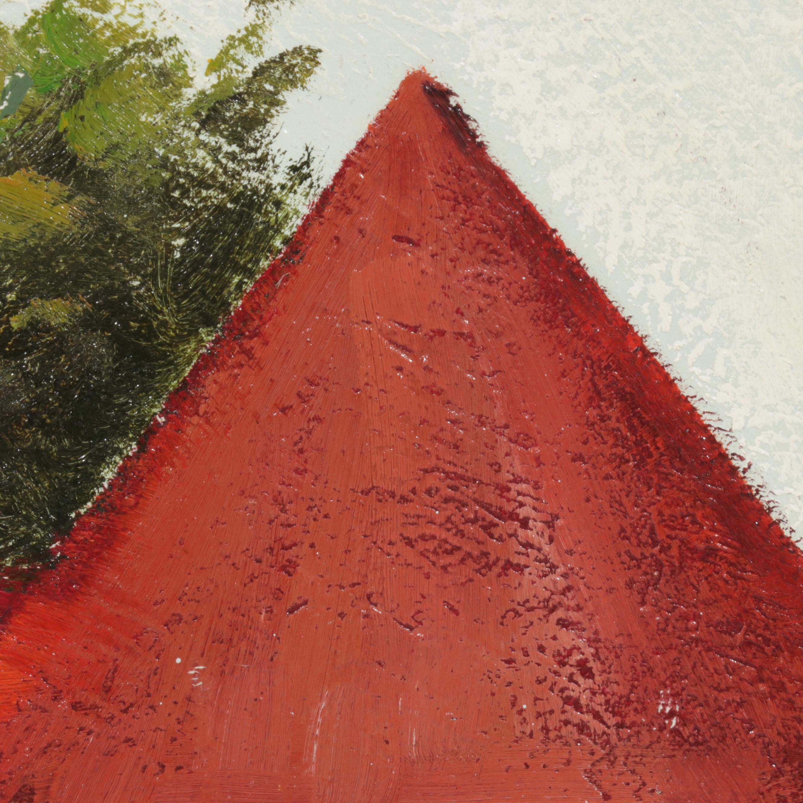 Folk Art Acrylic Painting of Village Street Scene, Circa 2000