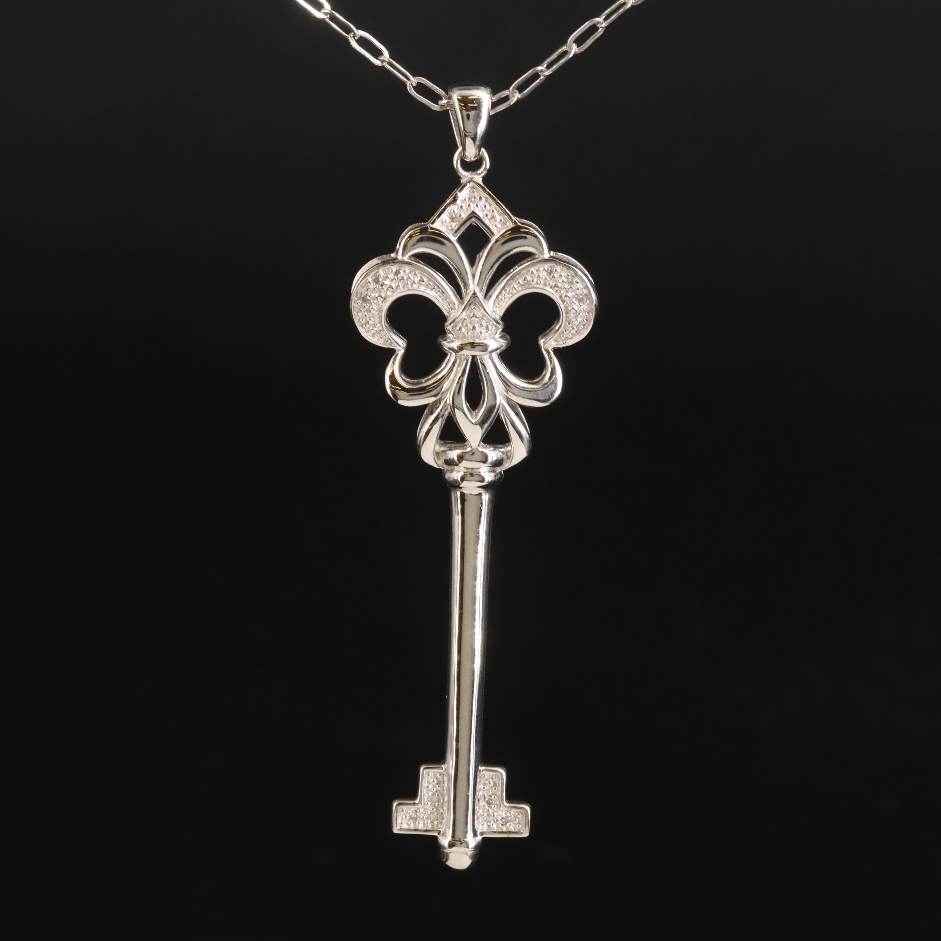 Sterling Diamond Fleur-de-Lis Key Pendant Necklace