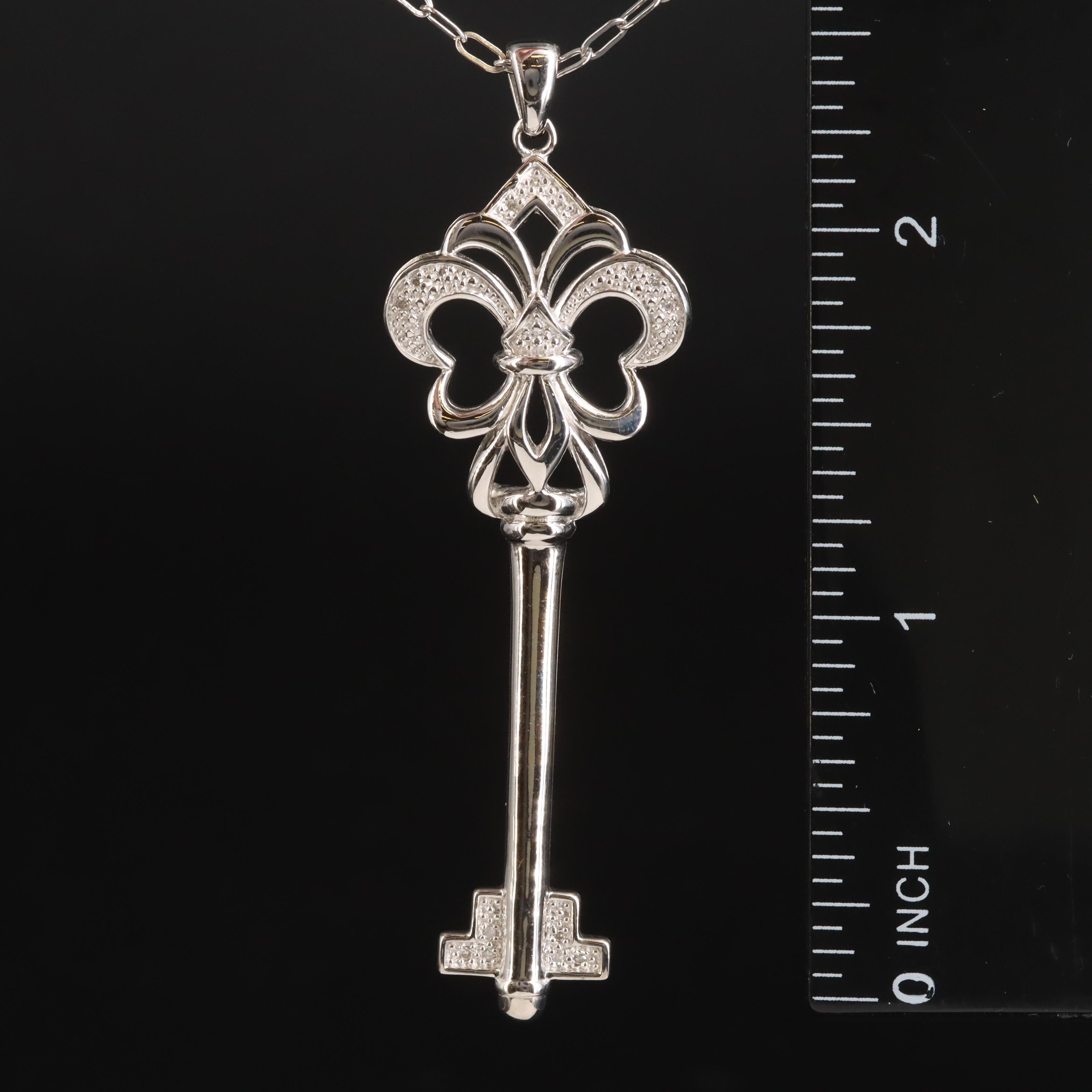 Sterling Diamond Fleur-de-Lis Key Pendant Necklace