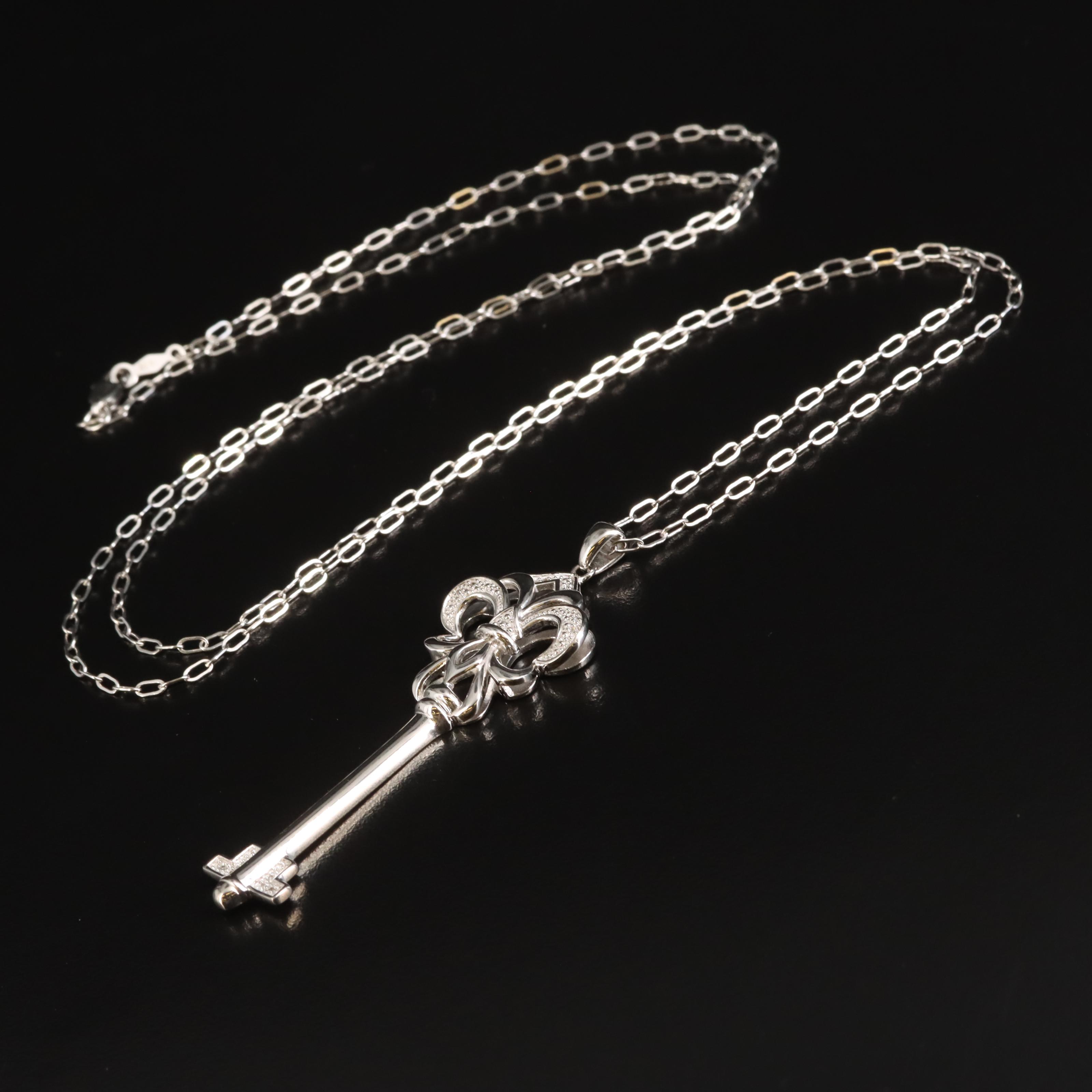 Sterling Diamond Fleur-de-Lis Key Pendant Necklace