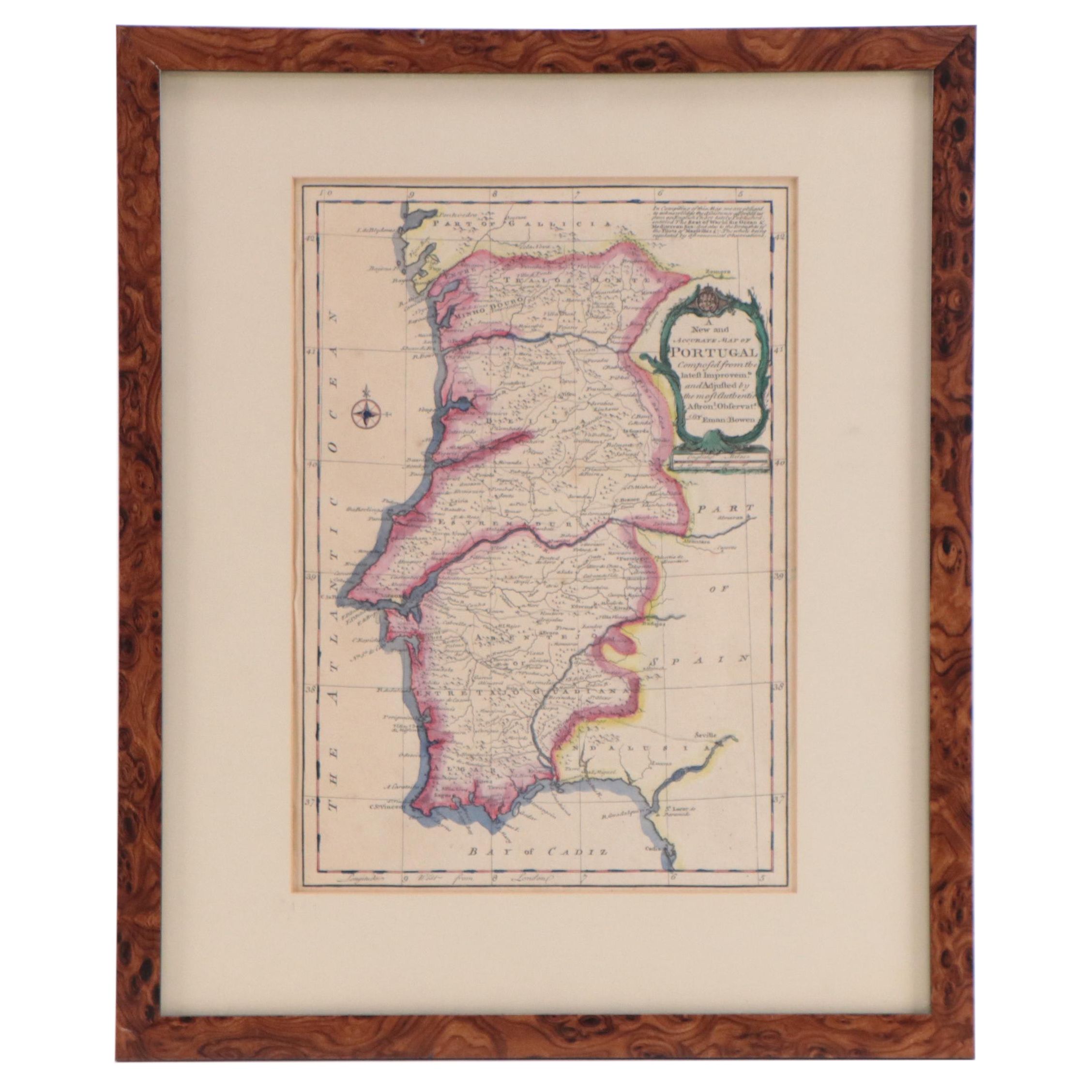 Emanuel Bowen Hand-Colored Engraving of Map of Portugal