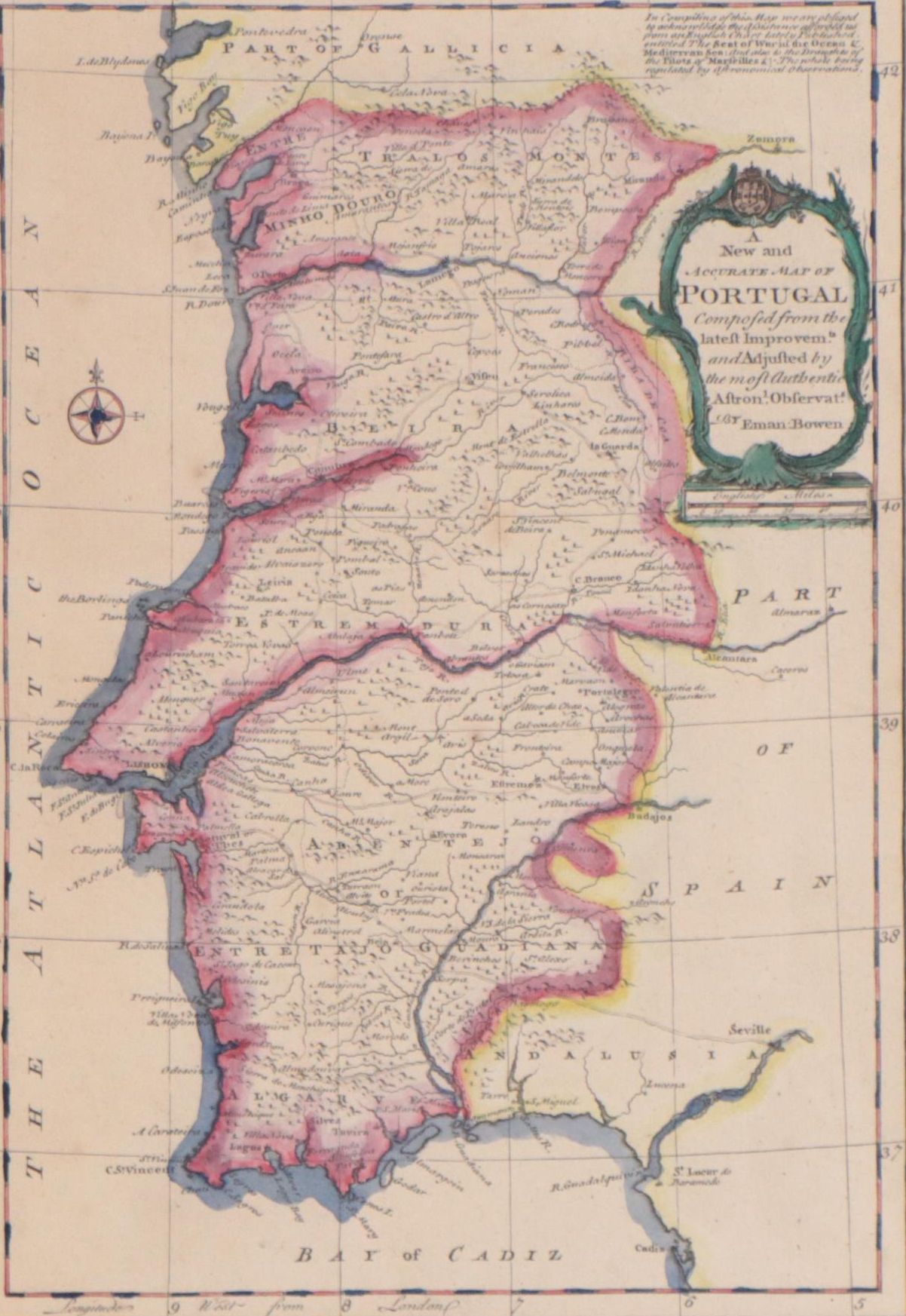 Emanuel Bowen Hand-Colored Engraving of Map of Portugal
