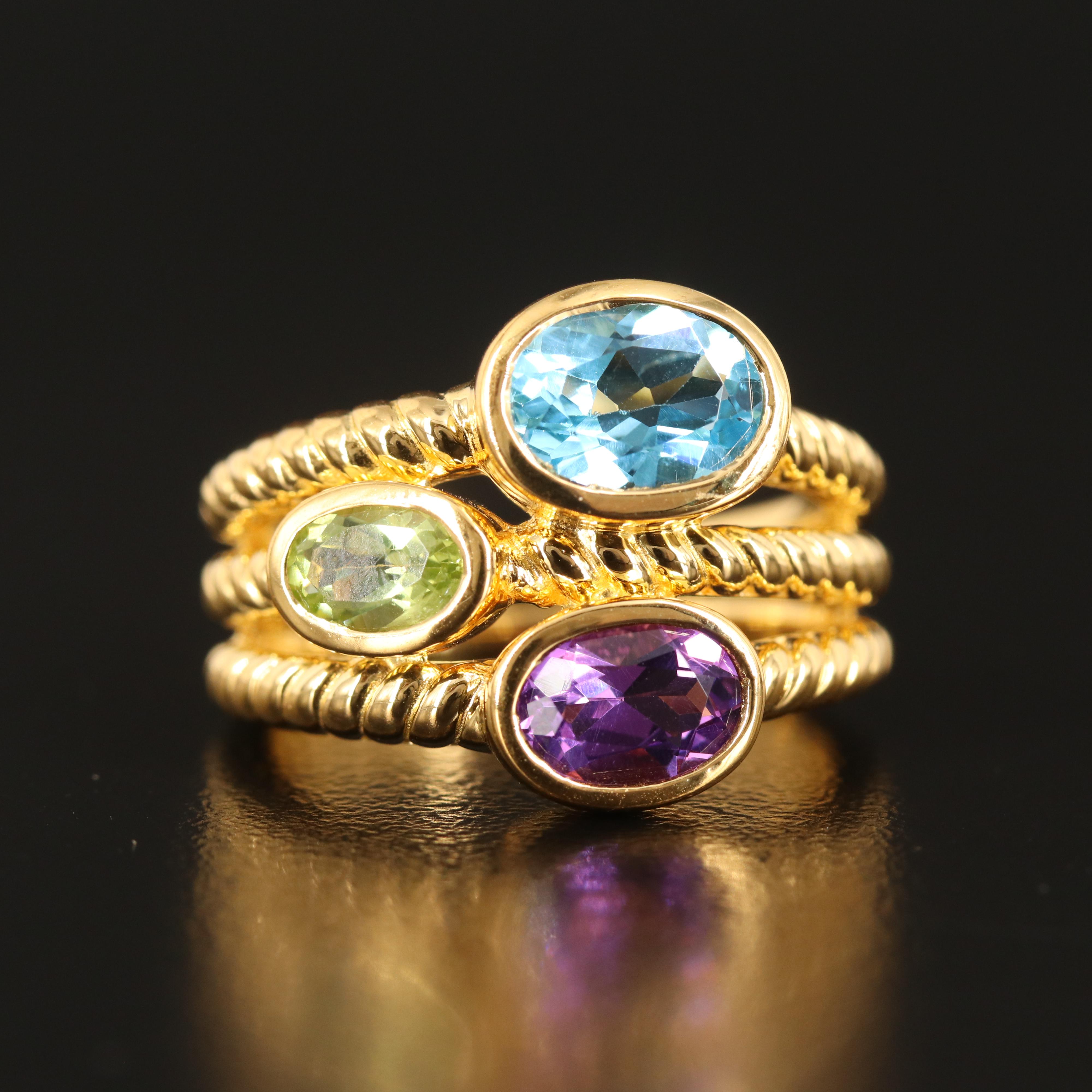 Sterling Swiss Blue Topaz, Amethyst and Peridot Multi-Row Ring