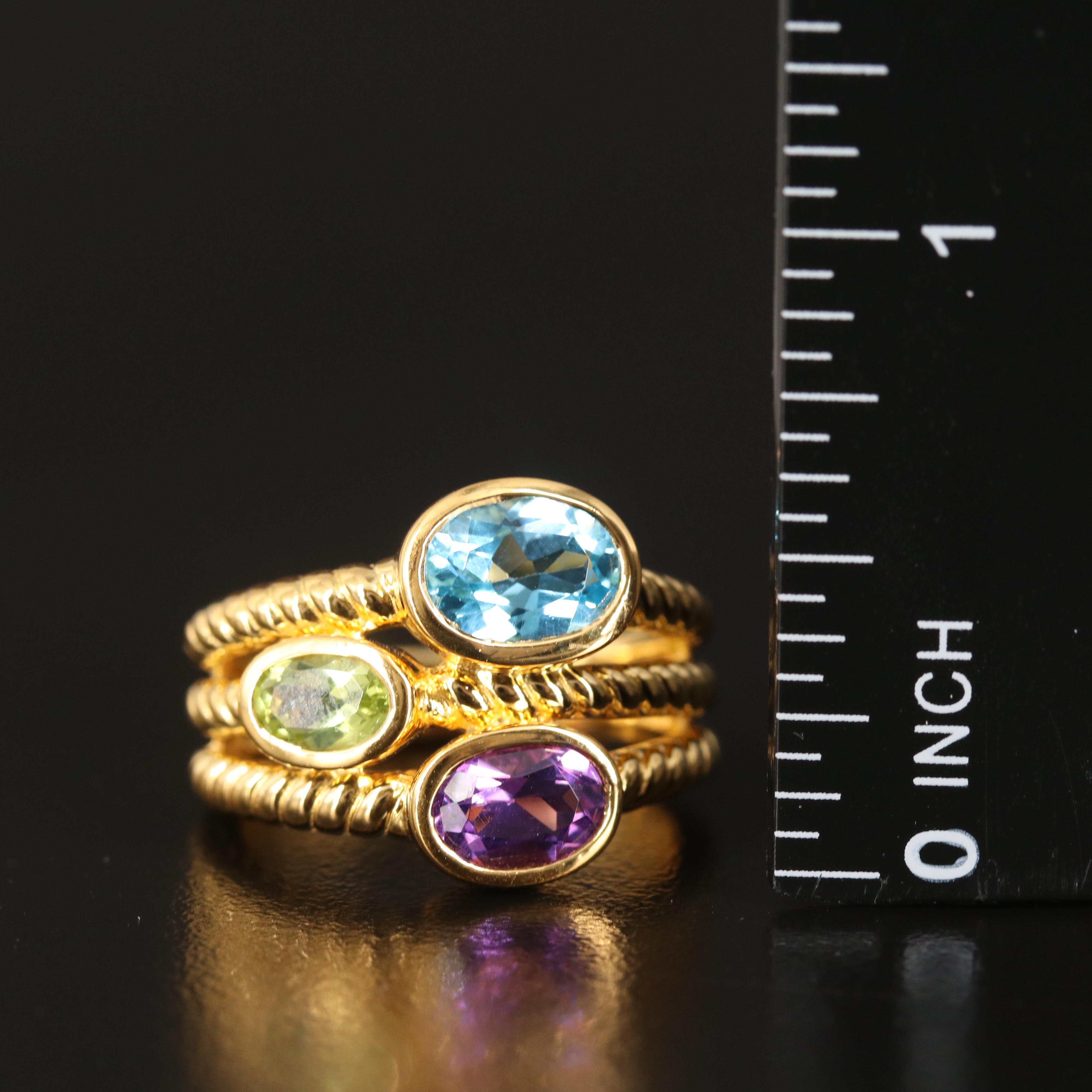 Sterling Swiss Blue Topaz, Amethyst and Peridot Multi-Row Ring