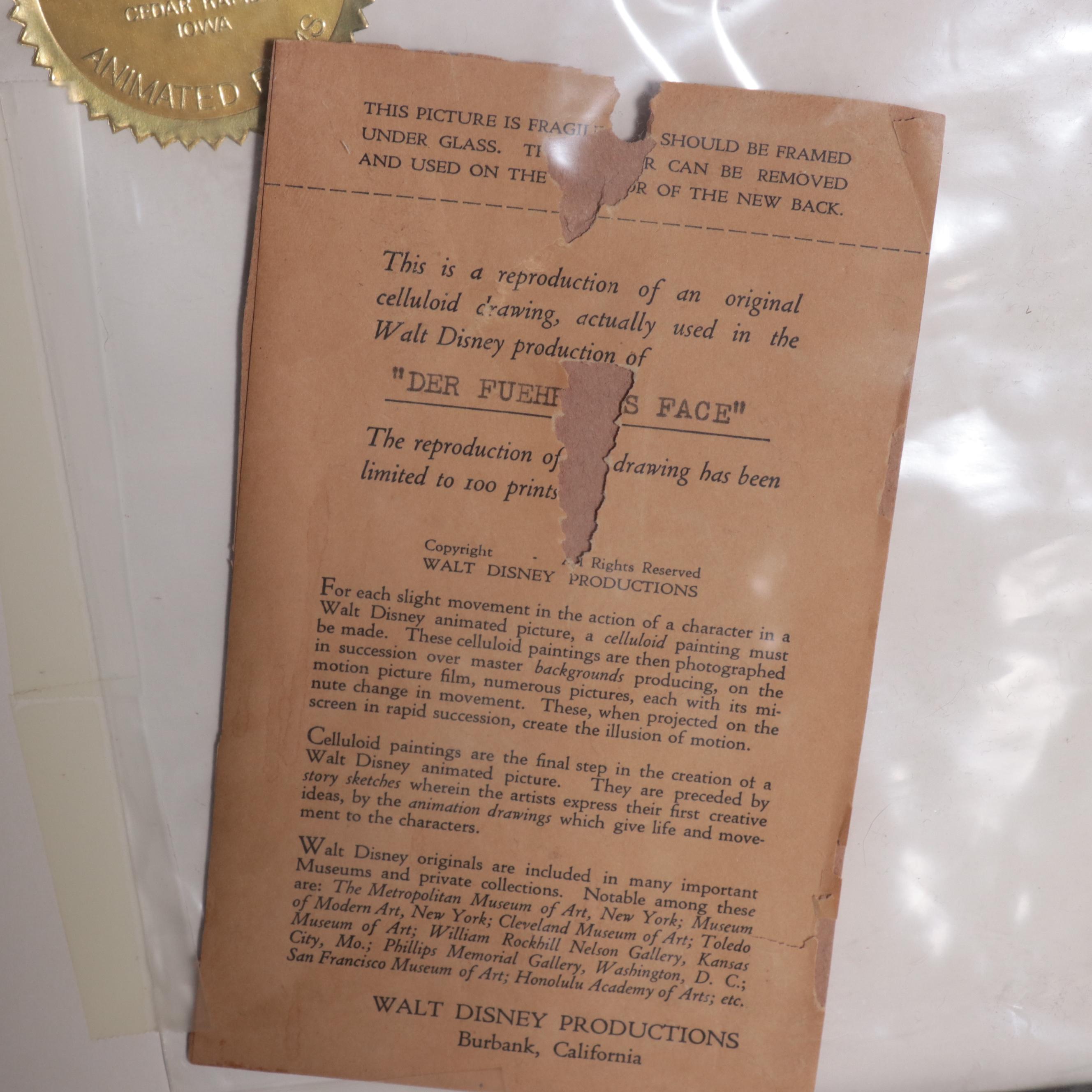 Walt Disney Signed "Der Fuehrer's Face" Animation Cel Setup, 1943