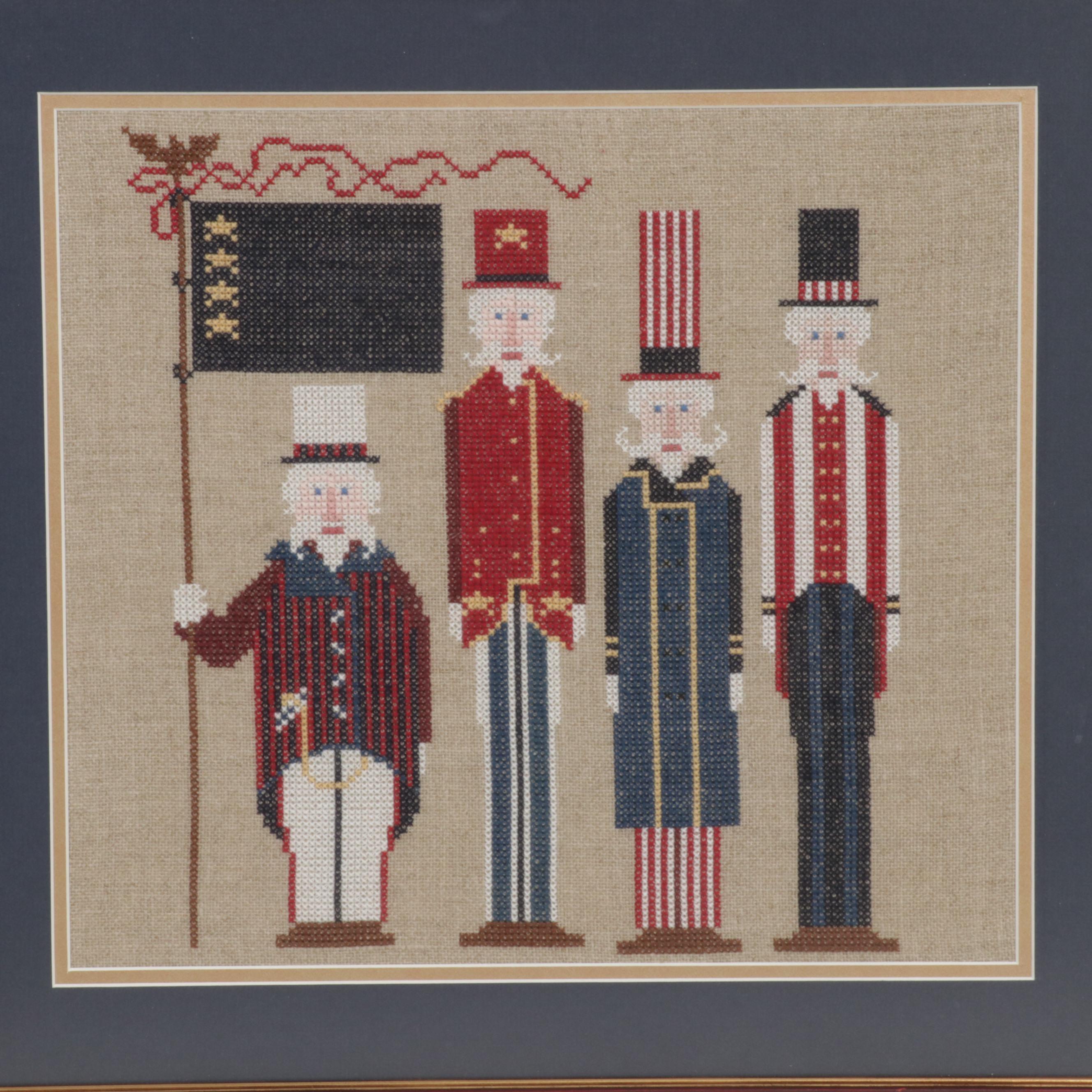 Patriotic Handmade Embroidery and Folk Art Cross-Stitch Panels, Late 20th C