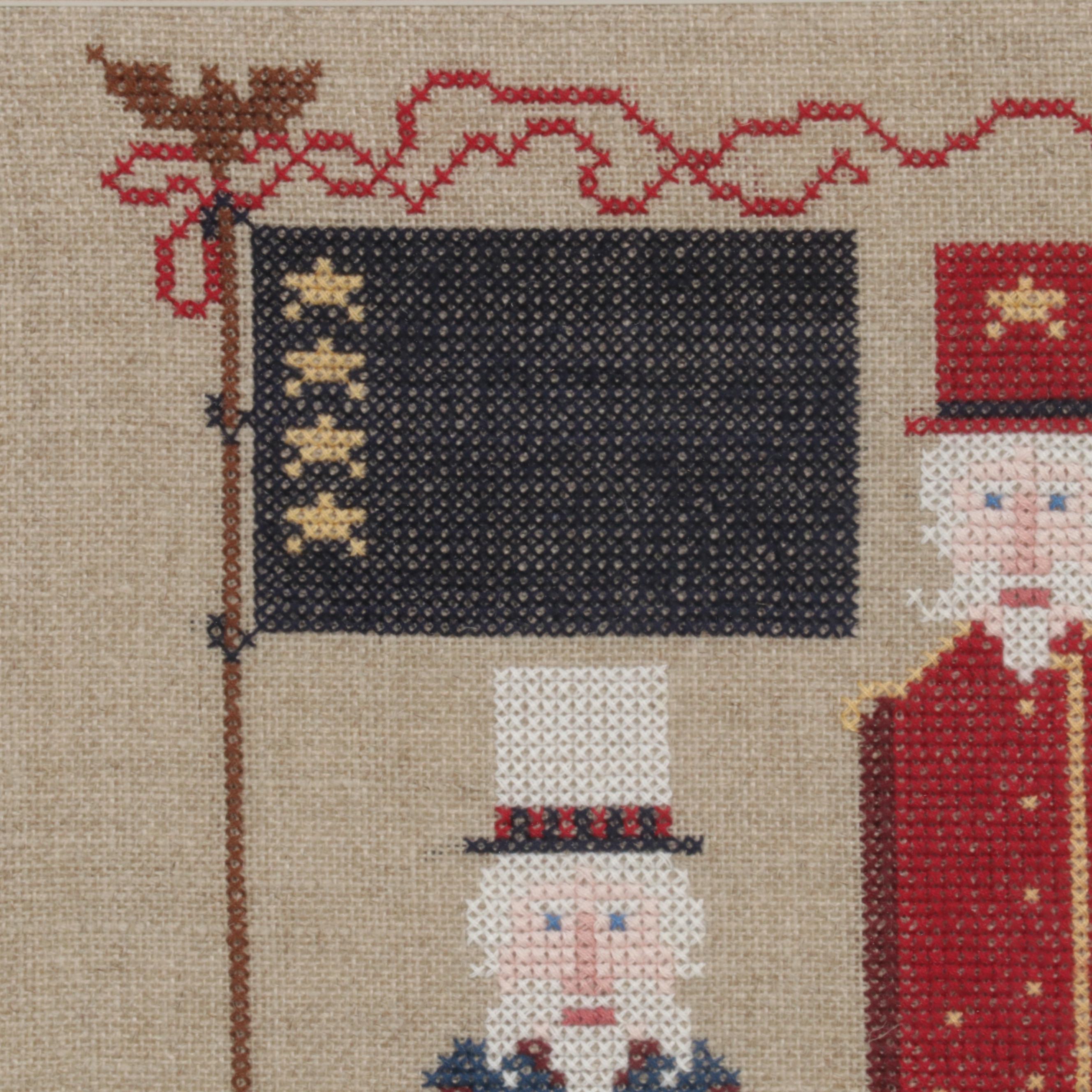 Patriotic Handmade Embroidery and Folk Art Cross-Stitch Panels, Late 20th C